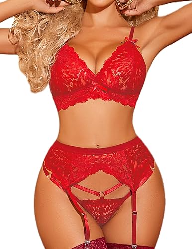 Avidlove Women Garter Lingerie Set 3 Piece Lace Bra and Panty Set with Garter Blet Sexy Bralette Set
