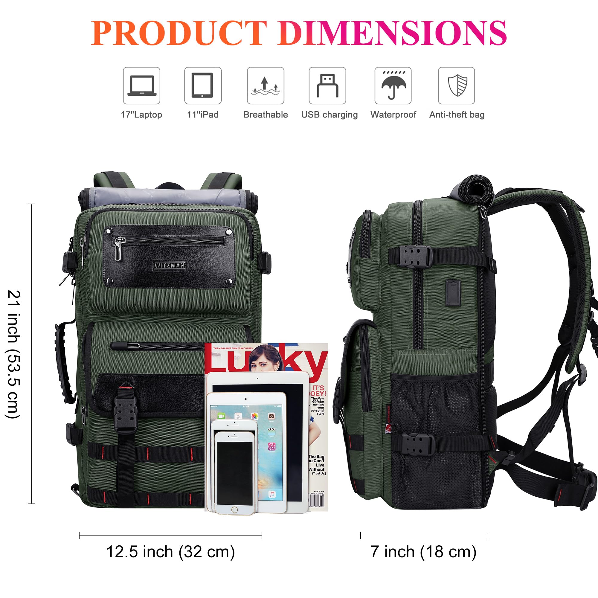 WITZMAN Reiserucksack Herren Nylon USB für 17 Zoll Laptop | Handgepäck-Design, Großer Stauraum, Praktische Organisation und Komfortables Tragen für Reisen, Arbeit, Alltag, B685 Grün