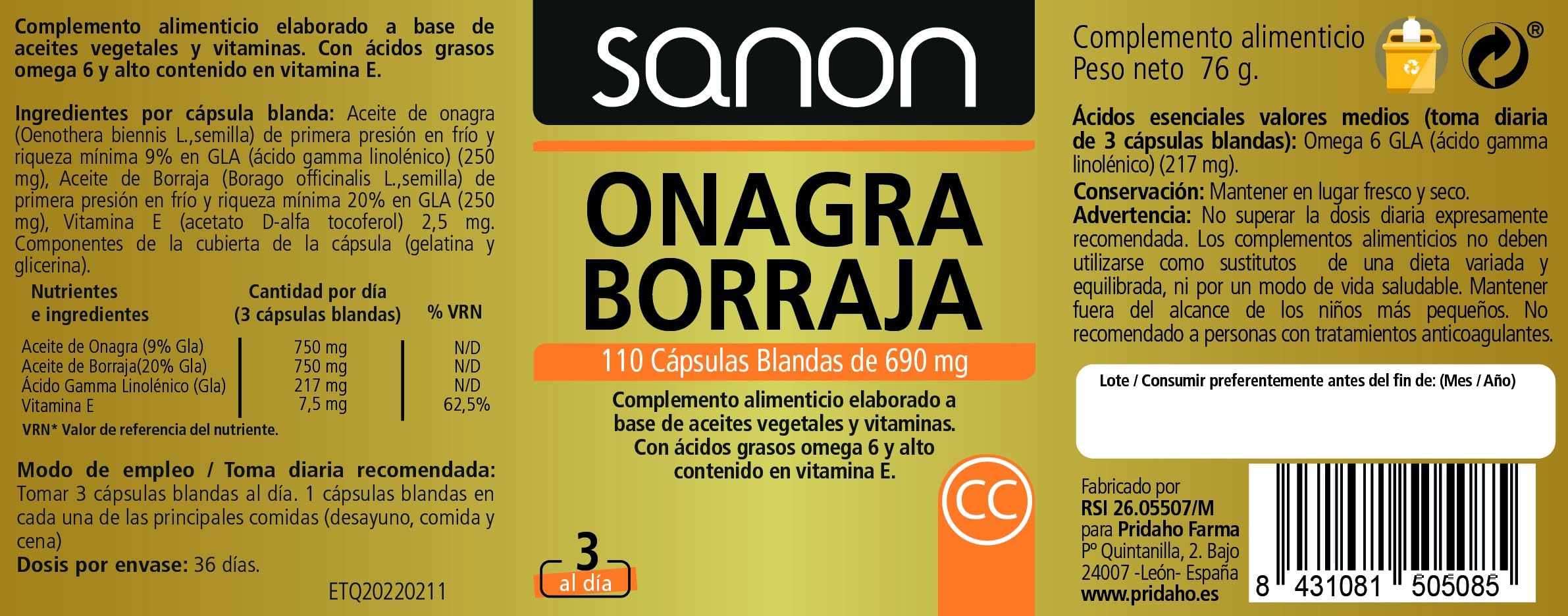 SANON Onagra y Borraja con Omega 6 y Vitamina E, 110 Cápsulas de 690 mg