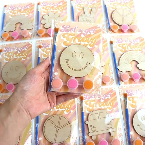 Paquete de 12 recuerdos de fiesta preempaquetados, recortes retro de madera con imanes y kits de pintura para niños, decoraciones de cumpleaños