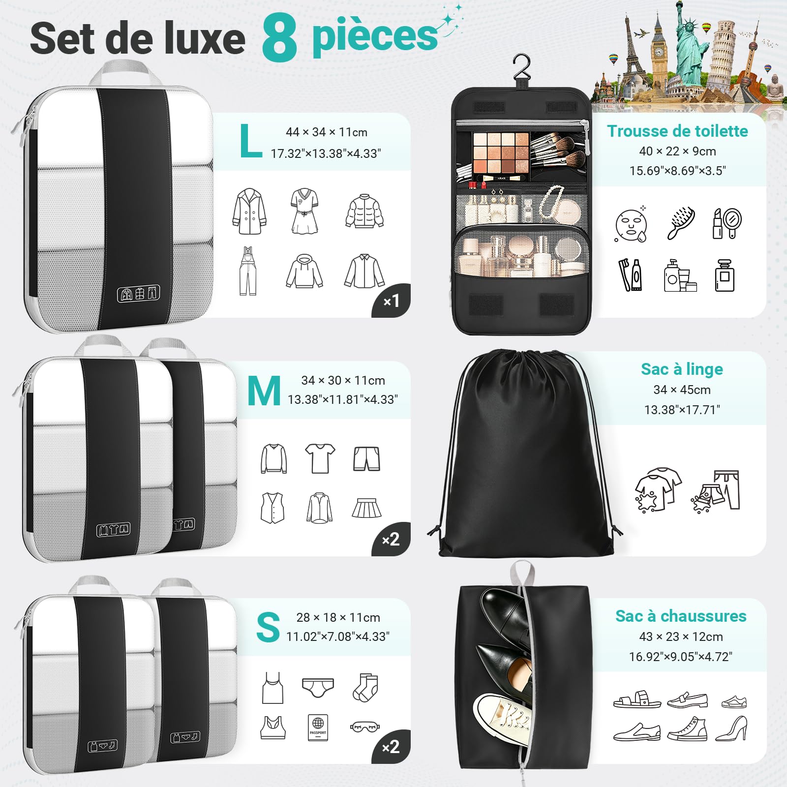 Organisateur Valise 8 Pièces – Sac de Compression Voyage en Polyester Premium, Cubes de Rangement Compressibles avec Sac de Toilette Suspendu, Sac à Chaussures et Sac à Linge, Accessoires Voyage