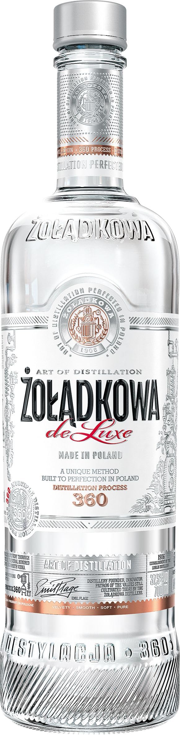 Zoladkowa de Luxe (1 x 700 ml), polnischer Wodka mit 200 Jahren Tradition, reiner und weicher Wodka mit 360 Mikrodestillationen, ideal pur oder als Cocktail, 37,5% Alk.