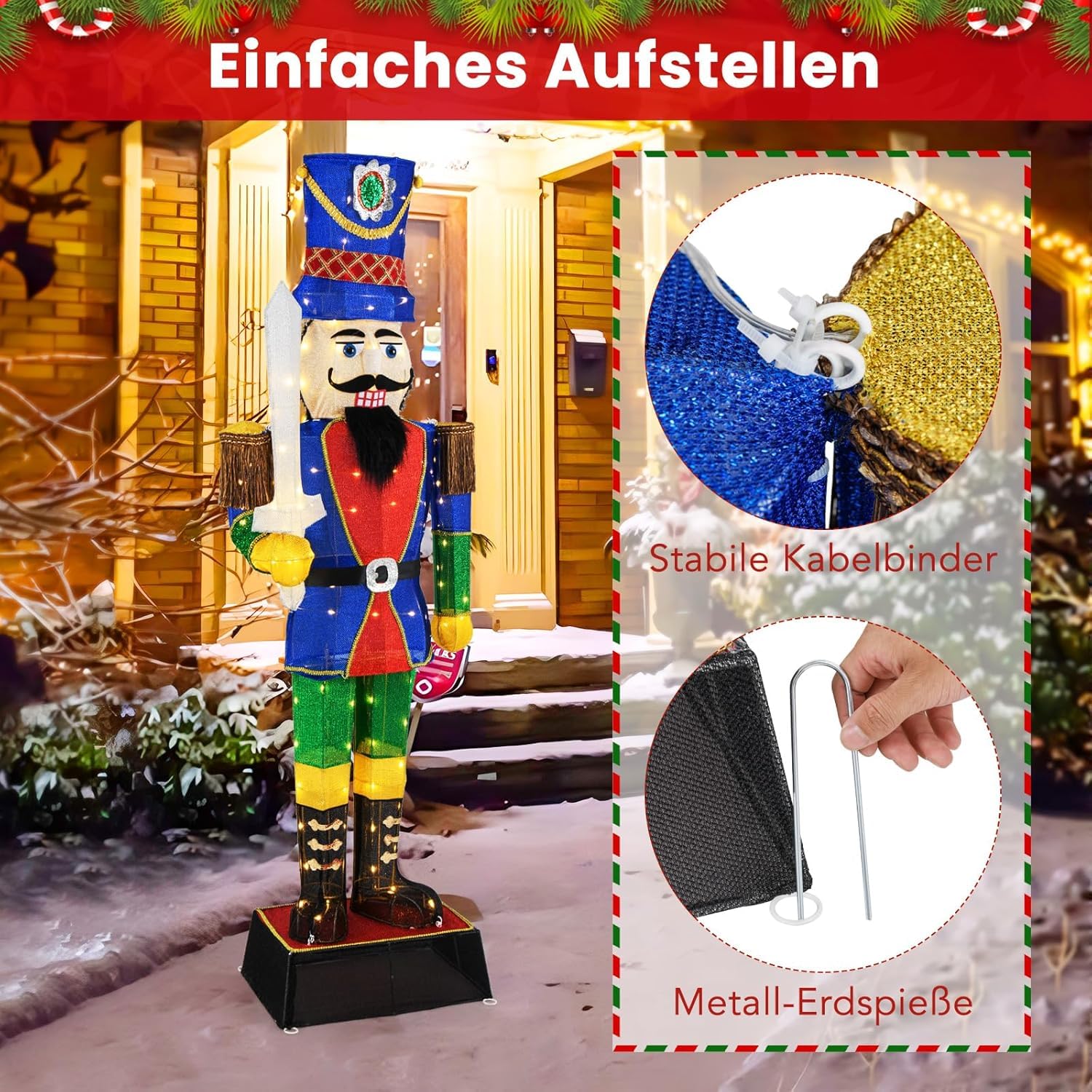 GOPLUS Weihnachten Nussknacker Figur groß, beleuchtete Weihnachtsdeko XXL, 184 cm Weihnachtsfigur mit LED-Lichtern, Weihnachtsdekoration Nussknacker mit Schwert, Weihnachtsbeleuchtung für innen, außen
