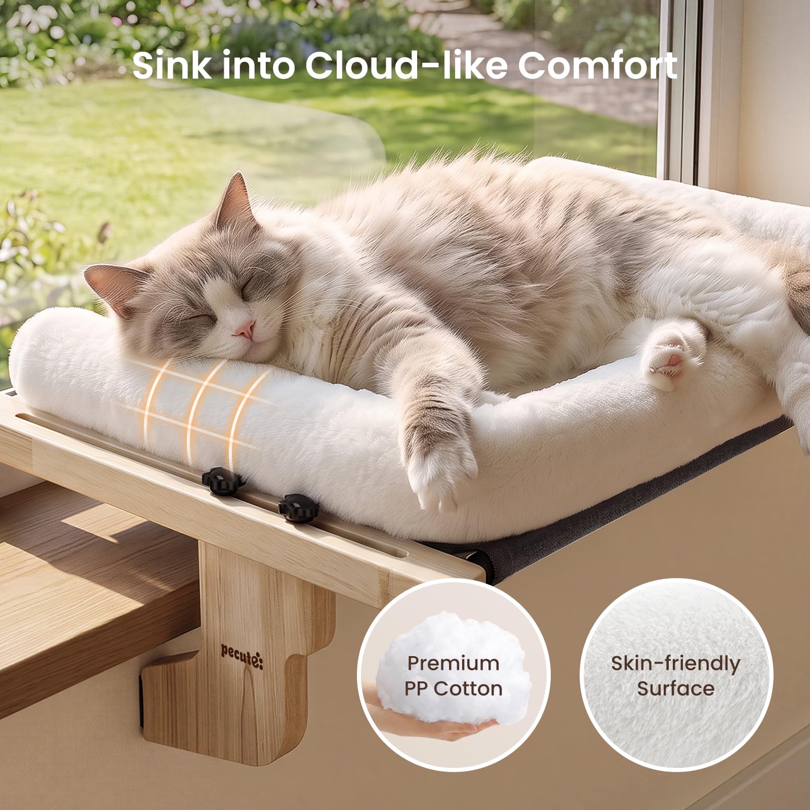 Pecute Weiche Katzenhängematte für die Fensterbank bis 15 kg, 63cm(Weiß)
