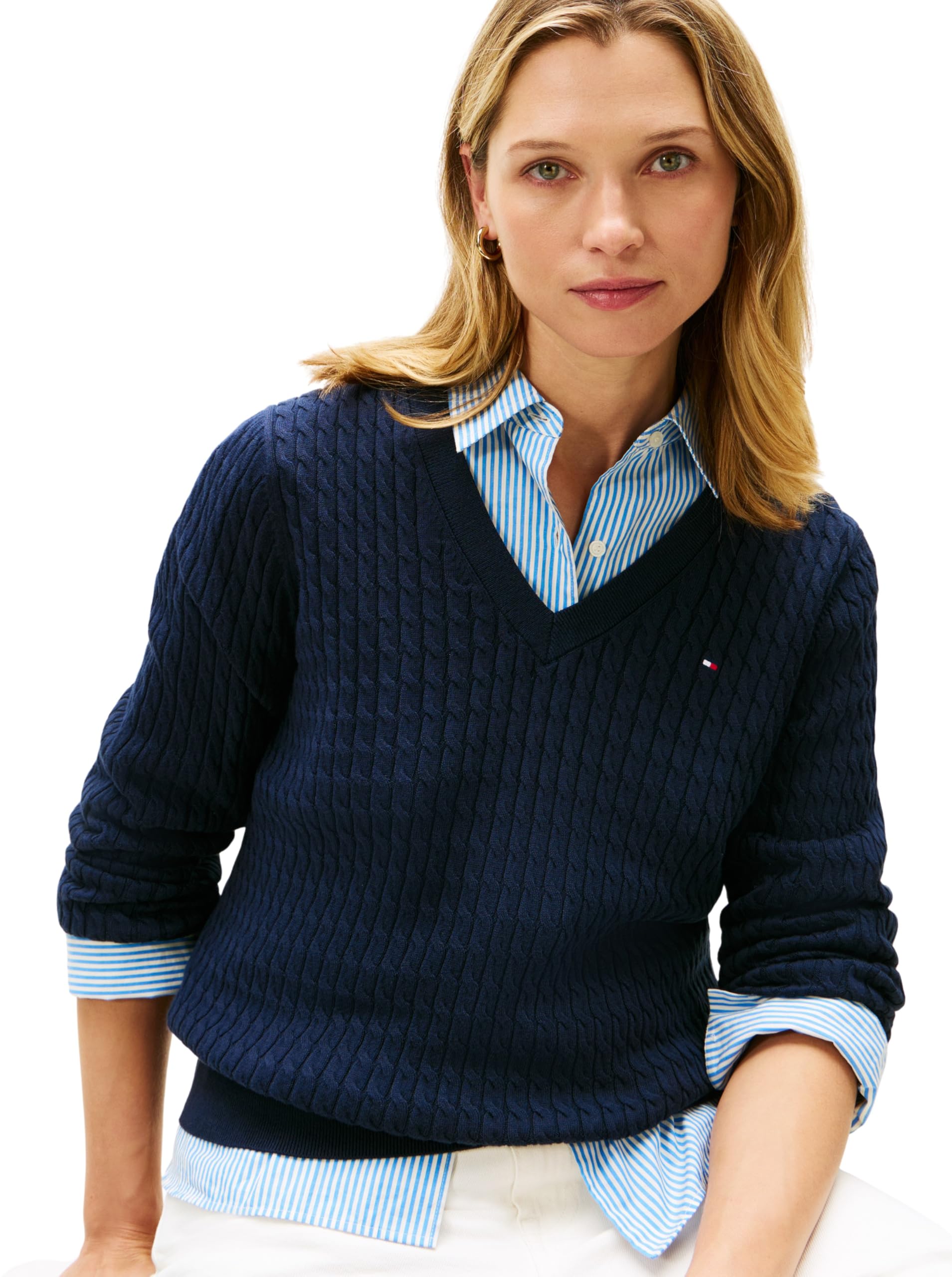 Tommy Hilfiger Damen Co Cable Fine Gg V-nk Ls SWT Ww0ww44987 Pullover (1er Pack)