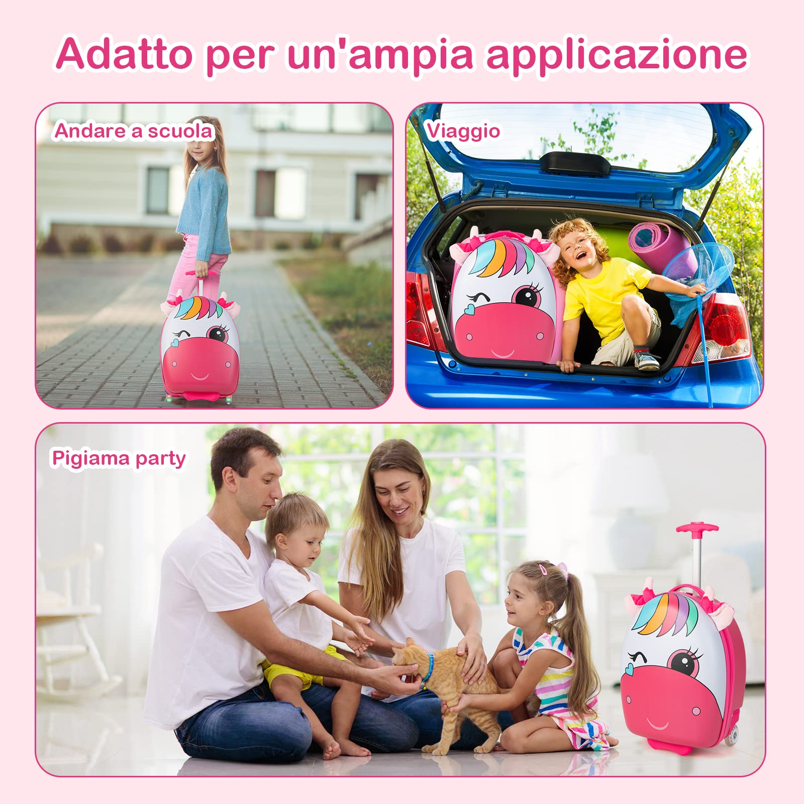 RELAX4LIFE Valigia Trolley 16'' per Bambini con Ruote Lampeggianti e Maniglia Retrattile a 2 Livelli, in Plastica ABS e PC, per Asilo Scuola e Viaggio, 33x22x68,5-83,5cm (cavallo rosa)