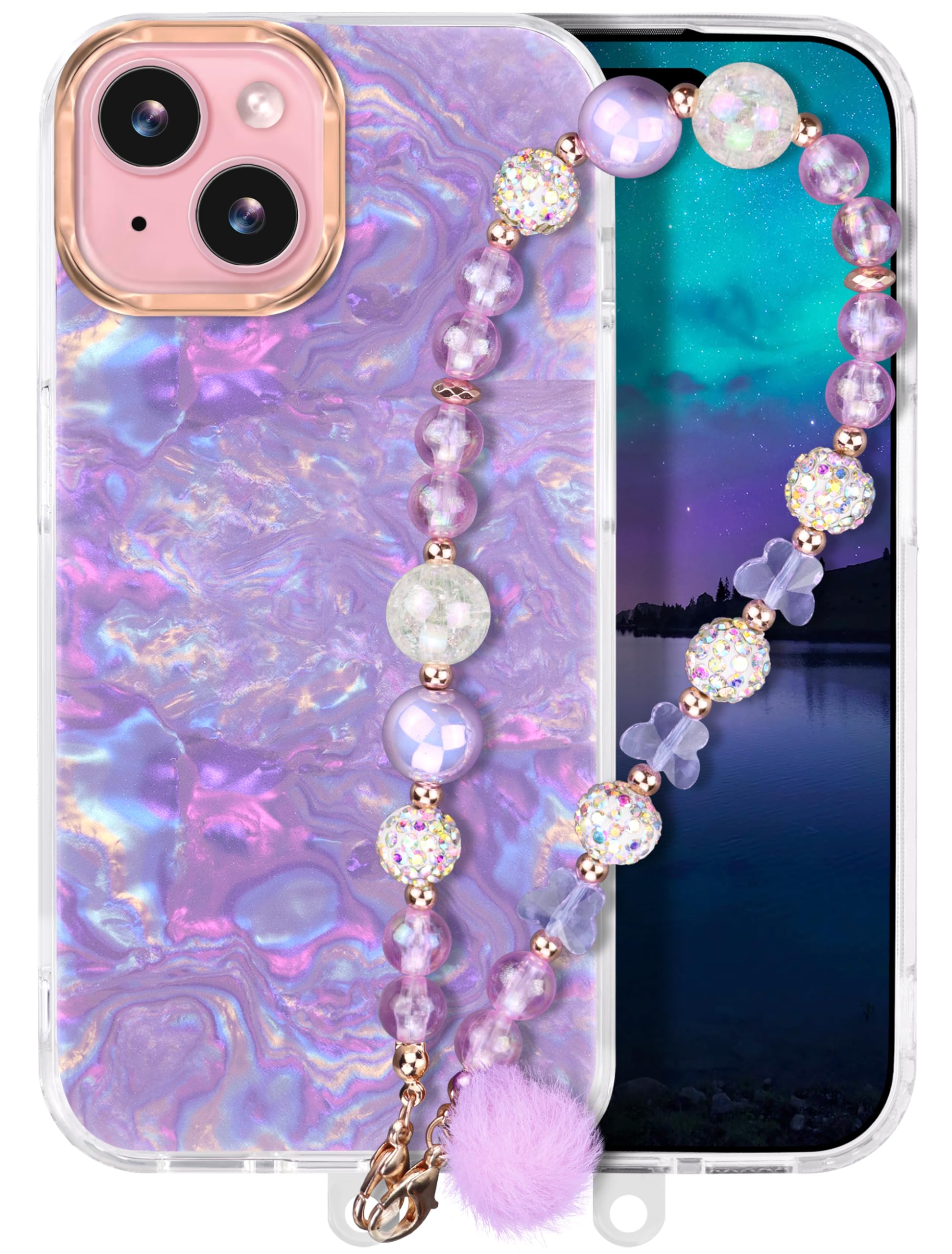Compatible with iPhone 15 Plus Case for Women Girls, Slim Fit Glitter Cute Phone Case for iPhone 15 Plus with Crystal Phone Charm Lanyard Strap,