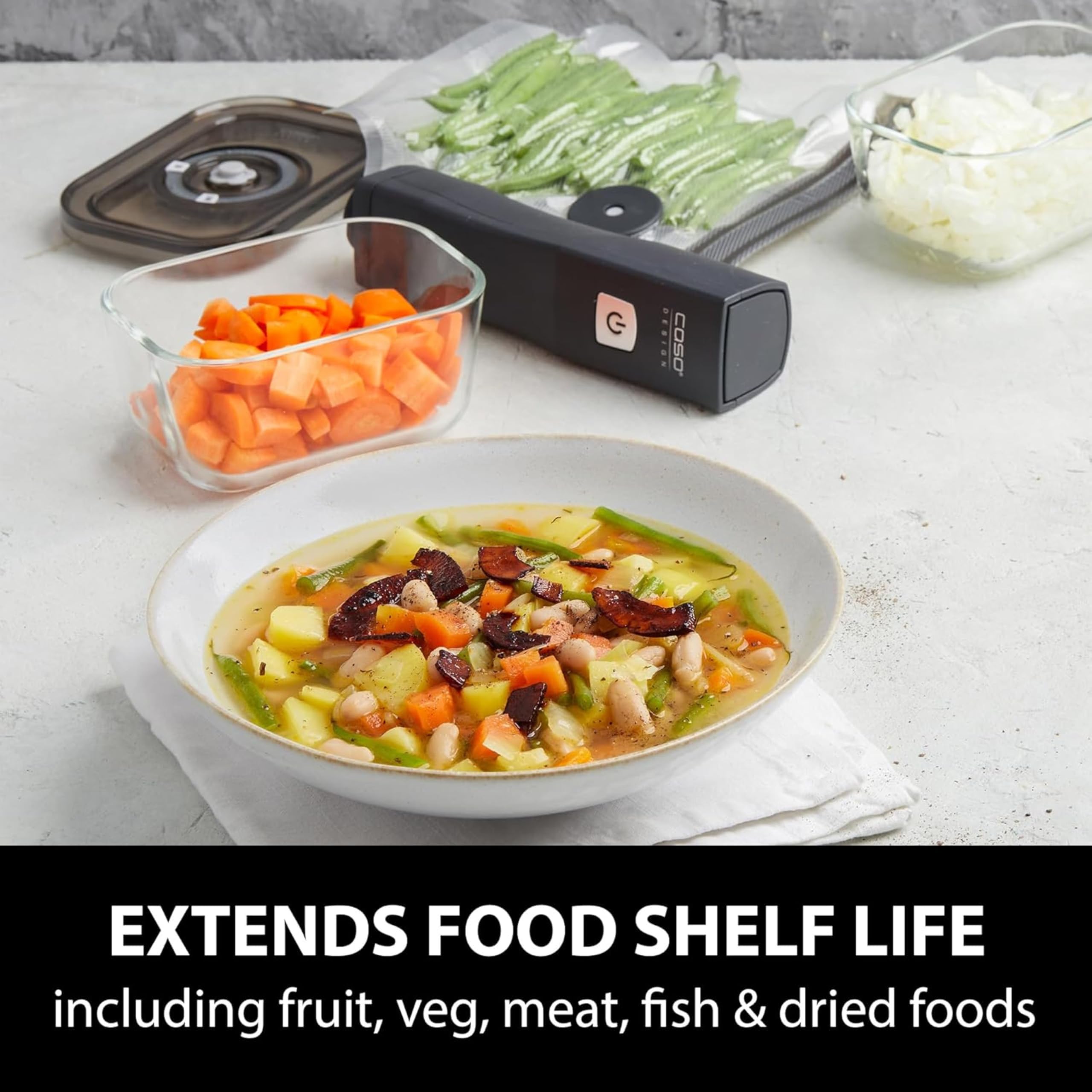 CASO Vacu OneTouch Eco-Set - Aspirador manual al vacío de Alimentos incluye 3 recipientes de vidrio y 10 bolsas ZIP - con hasta 150 minutos de autonomía - Envasadora al vacío doméstica - negro