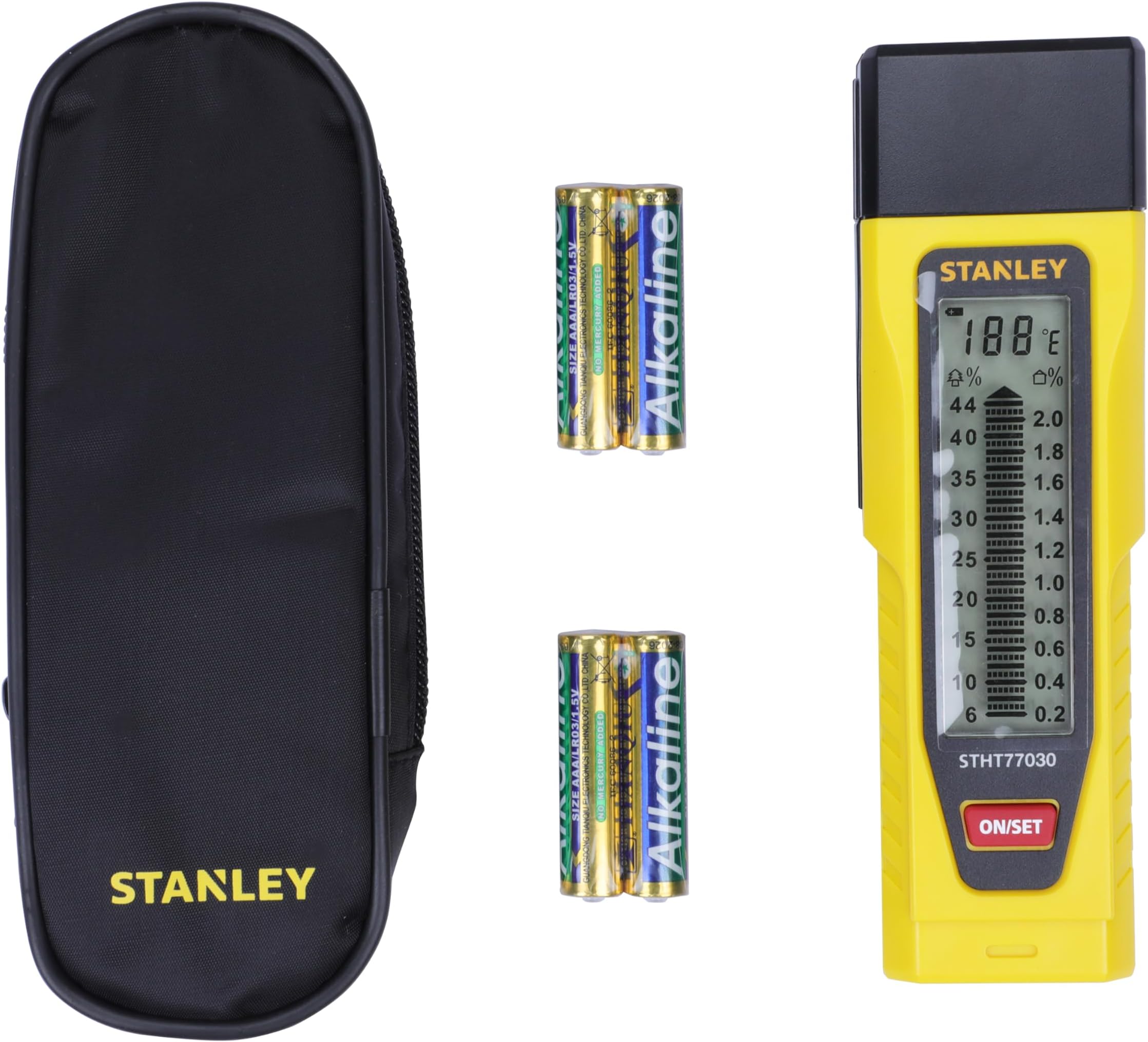 STANLEY 0-77-030 Moisture Meter for Measuring Masonry & Wood Moisture, Ideal for Mortar, Concrete & Plaster with Illuminated LCD Display, 6 Months Warranty, INCLUDES 1 Case & 4 AAA Alkaline Batteries