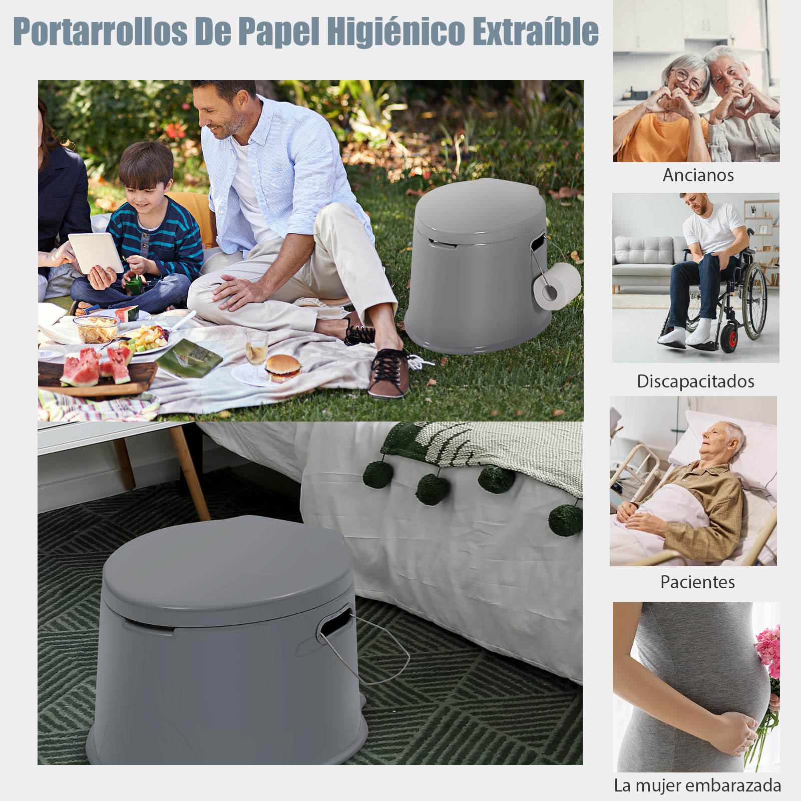 SOARS Inodoro Portátil con Tambor Interior Extraíble y Tapa, Carga 200KG(MAX), Inodoro Móvil de Camping con Soporte para Papel, 41 x 49 x 34 cm Vater Portatil para Senderismo Acampar Viajar