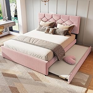 Cama acolchada de 140 x 200 cm con cama extraíble, cama de matrimonio de 140 x 200 cm con cama extraíble y somier de láminas, tela de terciopelo, para adultos e invitados, sin colchón