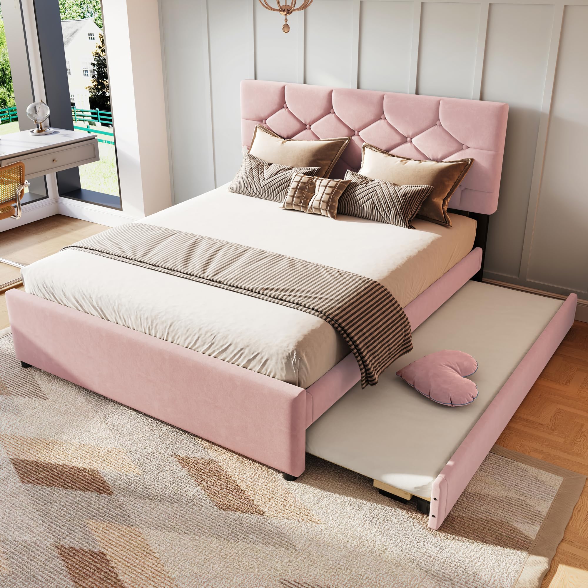 Soweiz Letto imbottito 140 x 200 cm, letto imbottito con letto estraibile, letto con rete a doghe (senza materasso), letto con contenitore arrotolabile, velluto, minimalista (rosa)