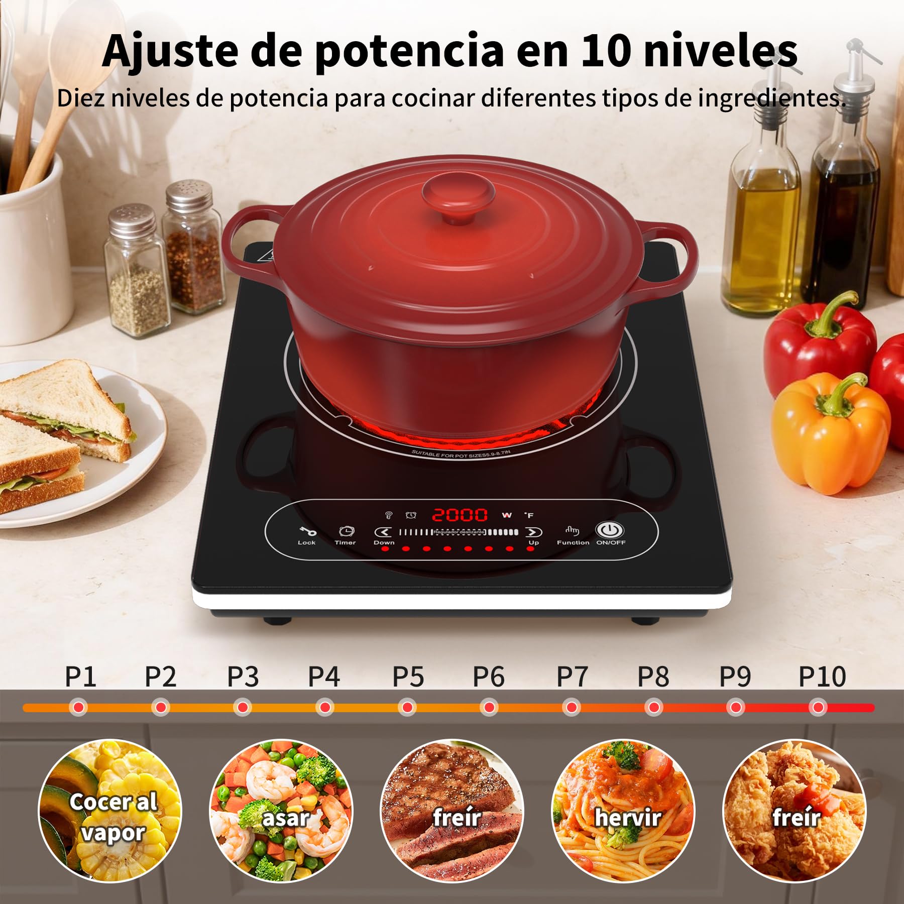 VBGK vitro portatil 1 fuego，220V 2000W placa vitroceramica con control táctil LED, 10 niveles de potencia, temporizador de 4 horas, bloqueo de seguridad y protección contra sobrecalentamiento.