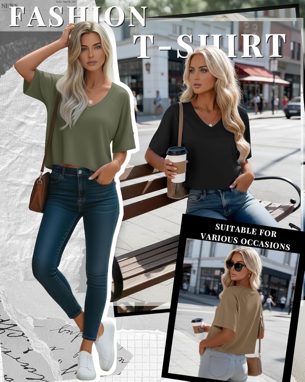 3 Pack Women's Cropped Tops V Neck Half Sleeve Crop T-Shirts Raglan Sleeve Loose Fit Casual Summer Basic Tees - Image 2