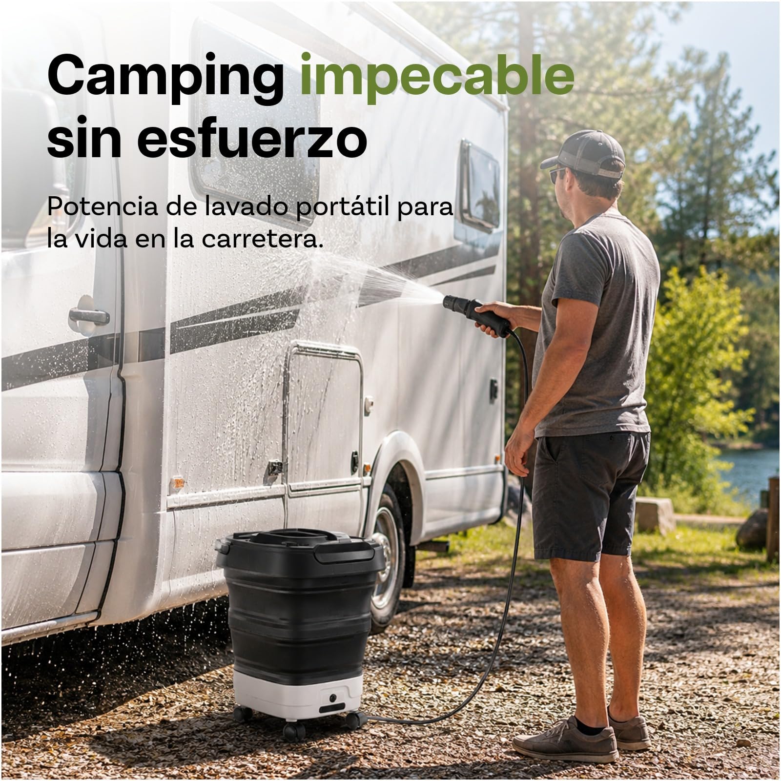 Hidrolimpiadora Portátil Plegable con Depósito de Agua 12L de WanderS – Inalámbrica, Ruedas, Boquilla 4 en 1 y Función de Pulverización Eléctrica – para Coche, Camping, Jardín, Mascotas y Hogar