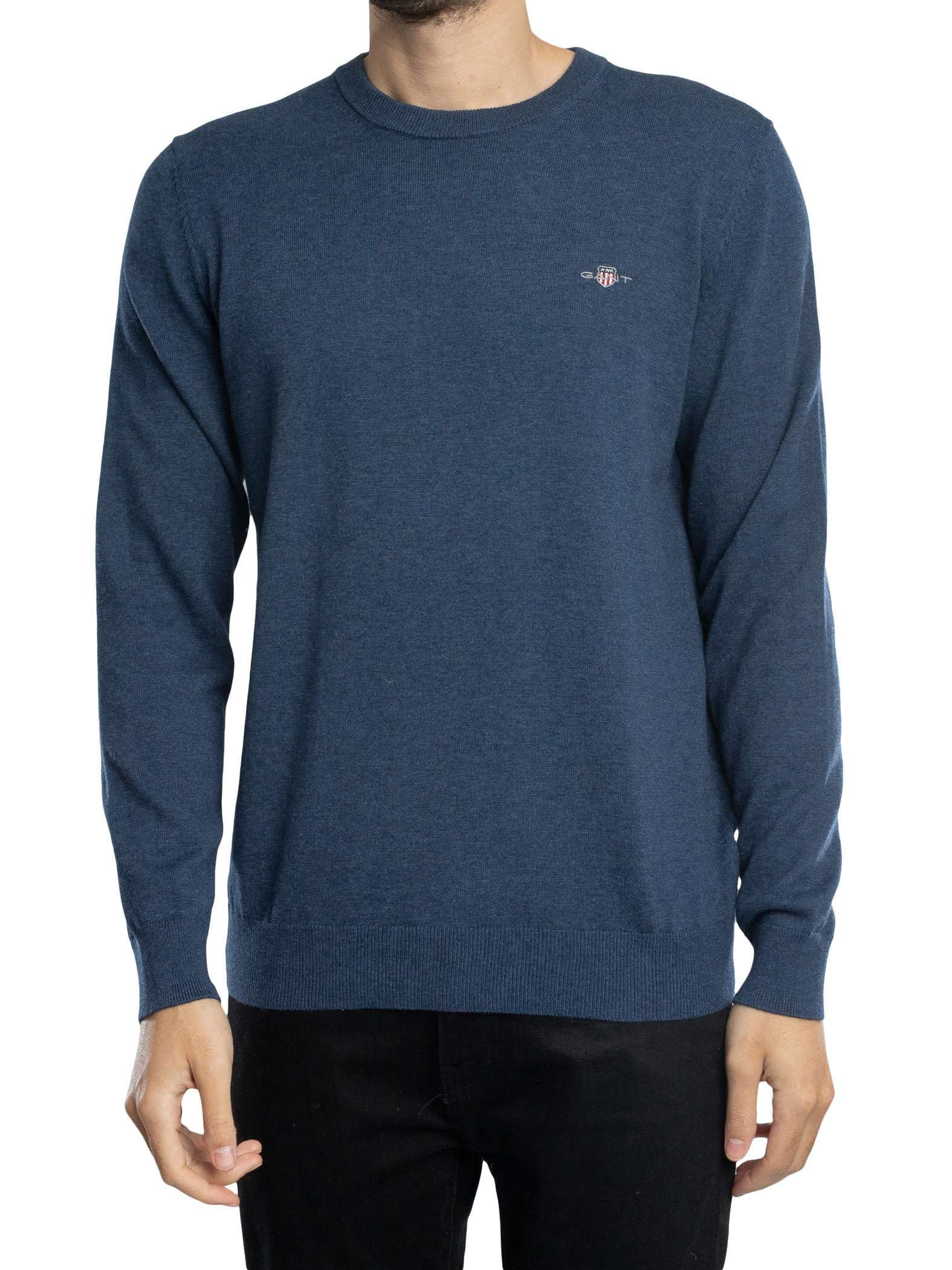 GANT Men's Classic Cotton C-Neck Pullover, Dark Denim Blue Melange, L