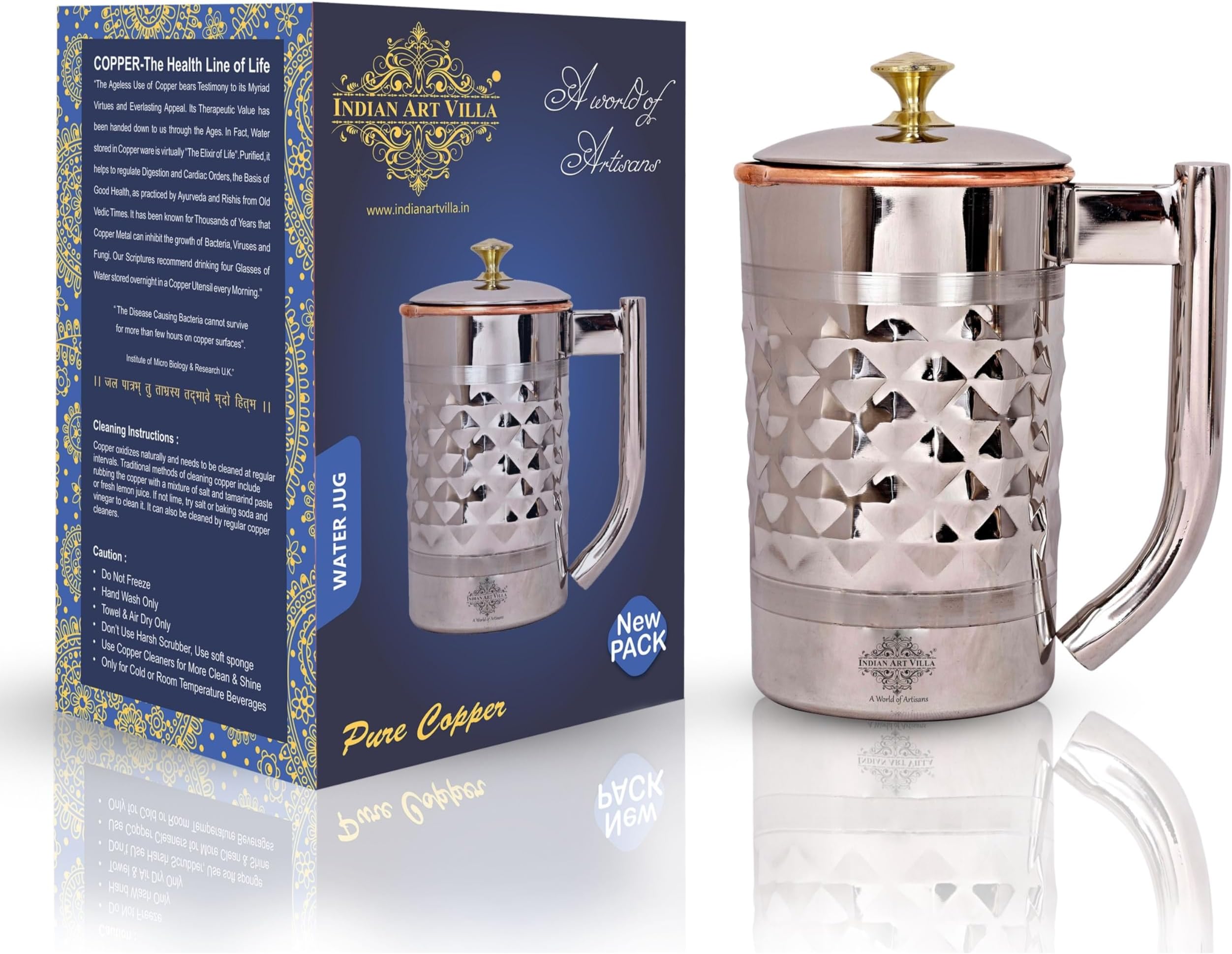 Indian Art Villa Diamond Hammered Steel Copper Jug Pitcher with Brass Knob, Serveware, 2000 ML