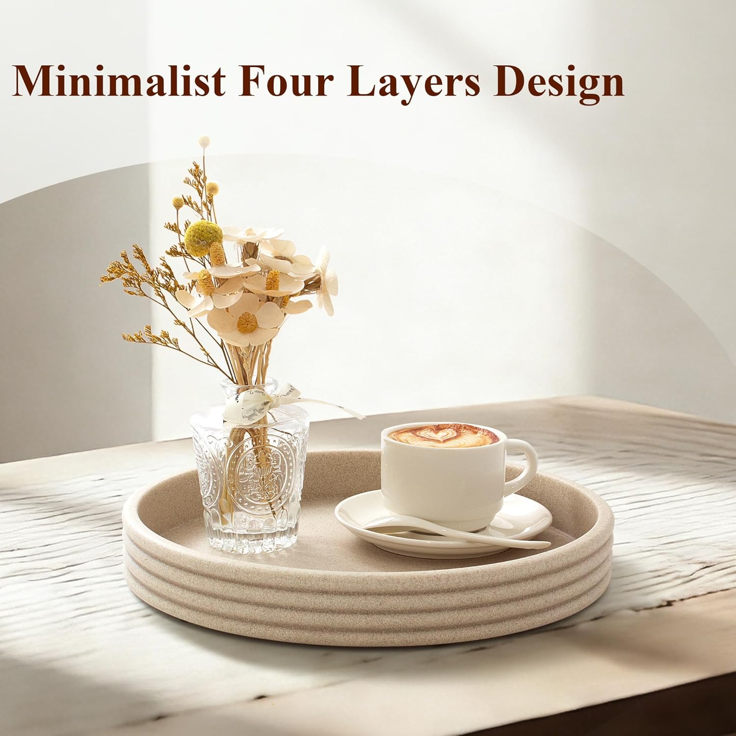 Round Decorative Tray - Modern Coffee Table Tray Decor, Resin Home Decor for Living Room & Bedroom. Multi-Functional Coffee Table Centerpiece with Anti-Slip Pads - 11x1.5 Inch Key Trays - Beige