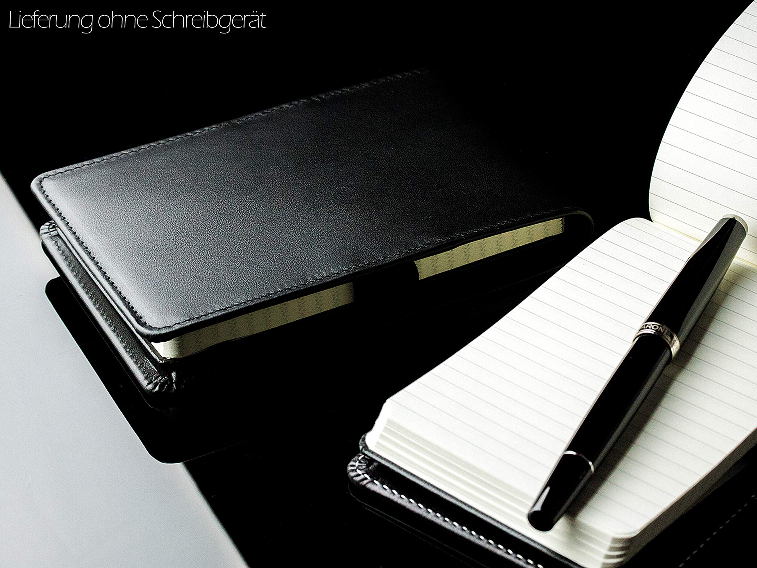 DELMON VARONE - Personalisierbares Notizblock Etui DIN A6 aus Boxcalf Premium Leder schwarz, Design Reporterblock im Hardcover Ledereinband, Stiftschlaufe, Einschubfach und blanko Block liniert