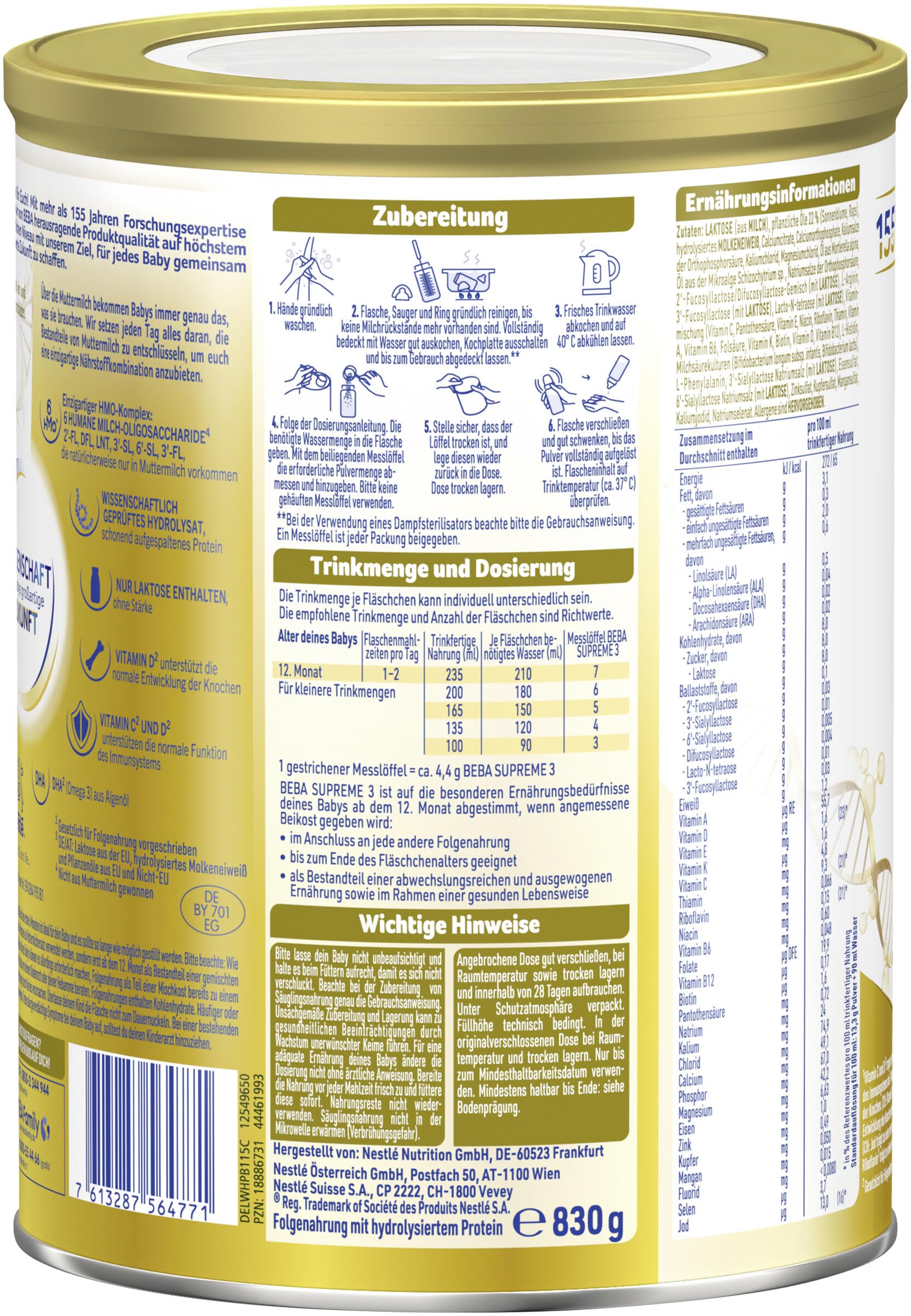 BEBA SUPREME 3 Folgemilch ab dem 12 Monat, Babynahrung mit 6 HMO Komplex, nur Laktose, ohne Palmöl, 6er Pack (6 x 830g)
