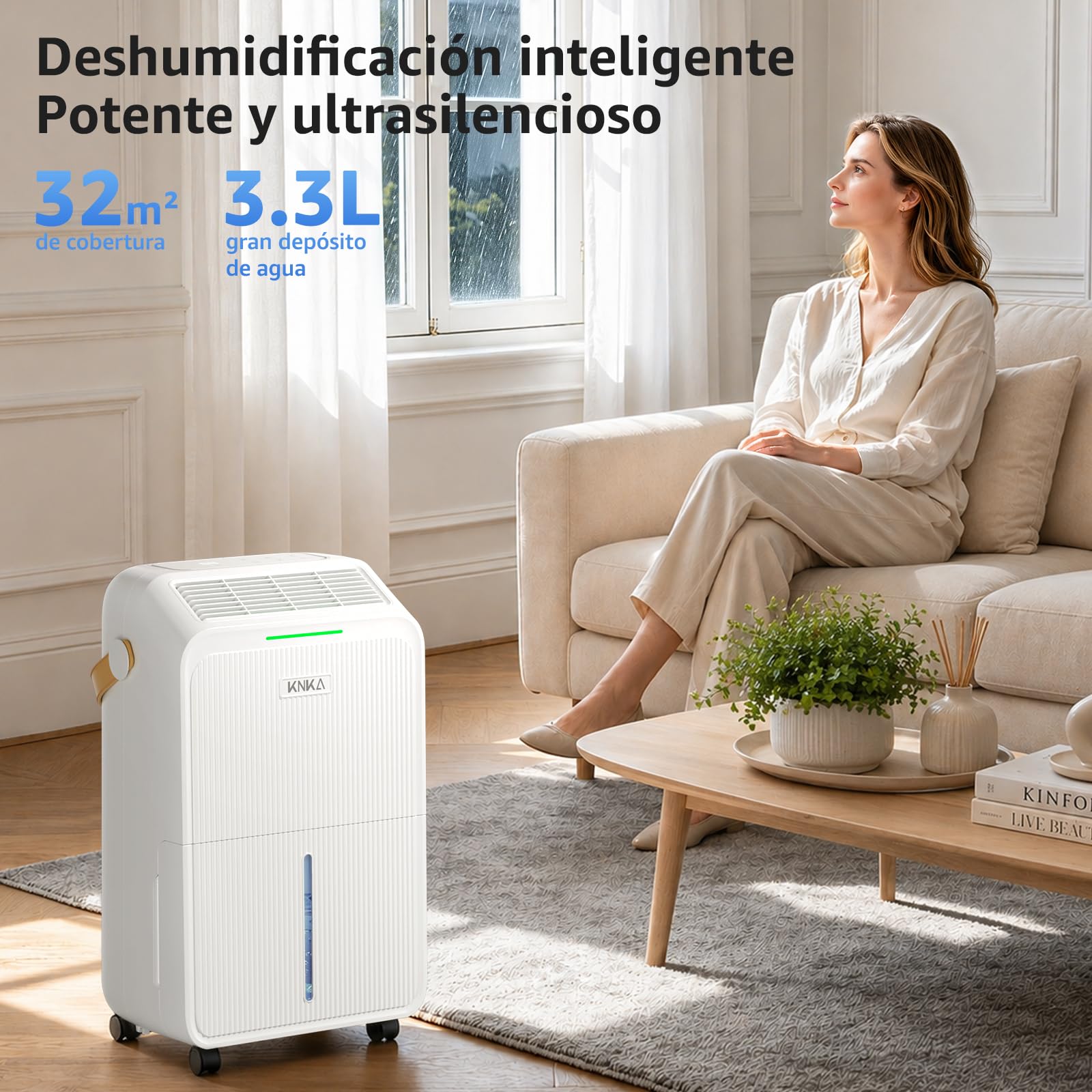 KNKA Deshumidificador 16L/d Deshumificador de Humedad Doméstico Silencioso | Dehumidifier for Home Depósito 3,3 L integrado, modo noche, pantalla LED humedad en tiempo real, flujo de aire 80 m³ 35 m²