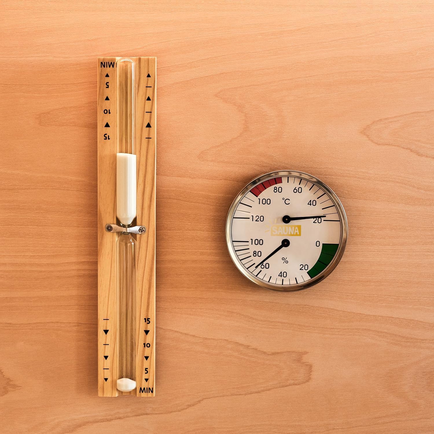 Klassisches Saunazubehörset 5-teilig aus naturbelassenem Holz mit Eimer 4l, Kelle, Thermometer & Sanduhr