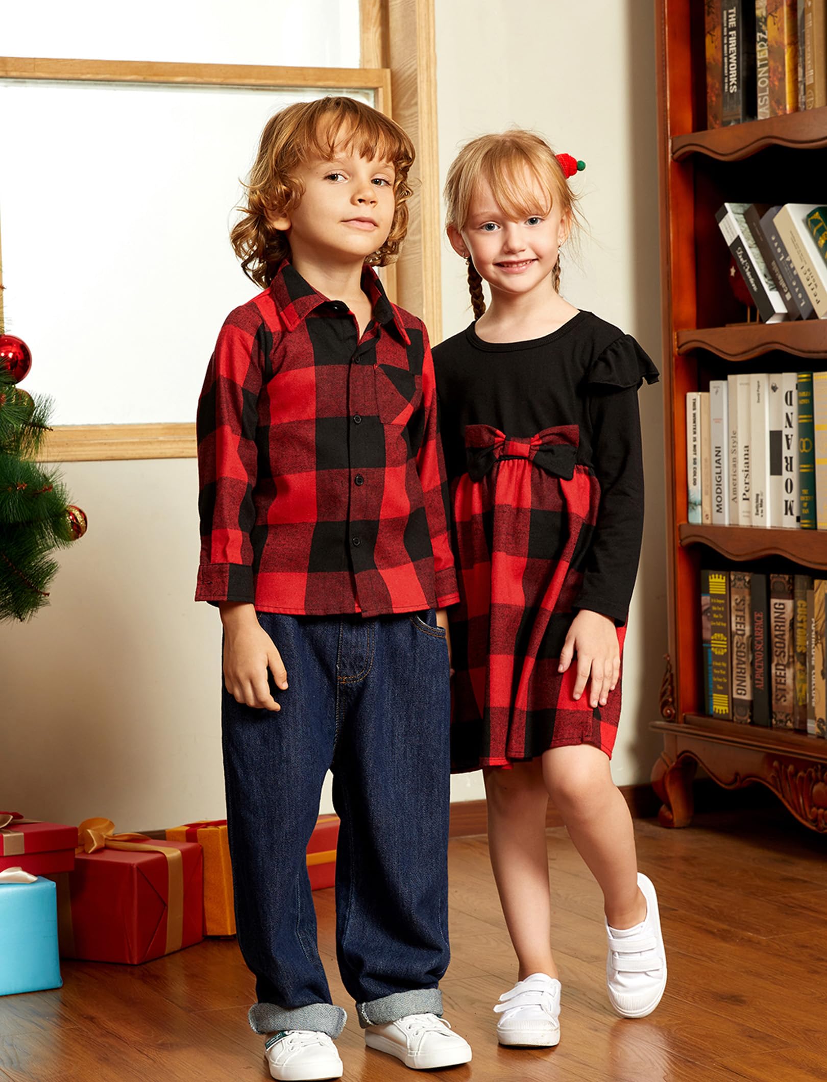 PATPAT Abito per la Famiglia in Stile Classico a Quadri, Completo Madre-Figlia/Padre-Figlio con Vestito e Camicia, Look Coordinato per Adulti e Bambini, Perfetto per Ritratti di Famiglia, Viaggi