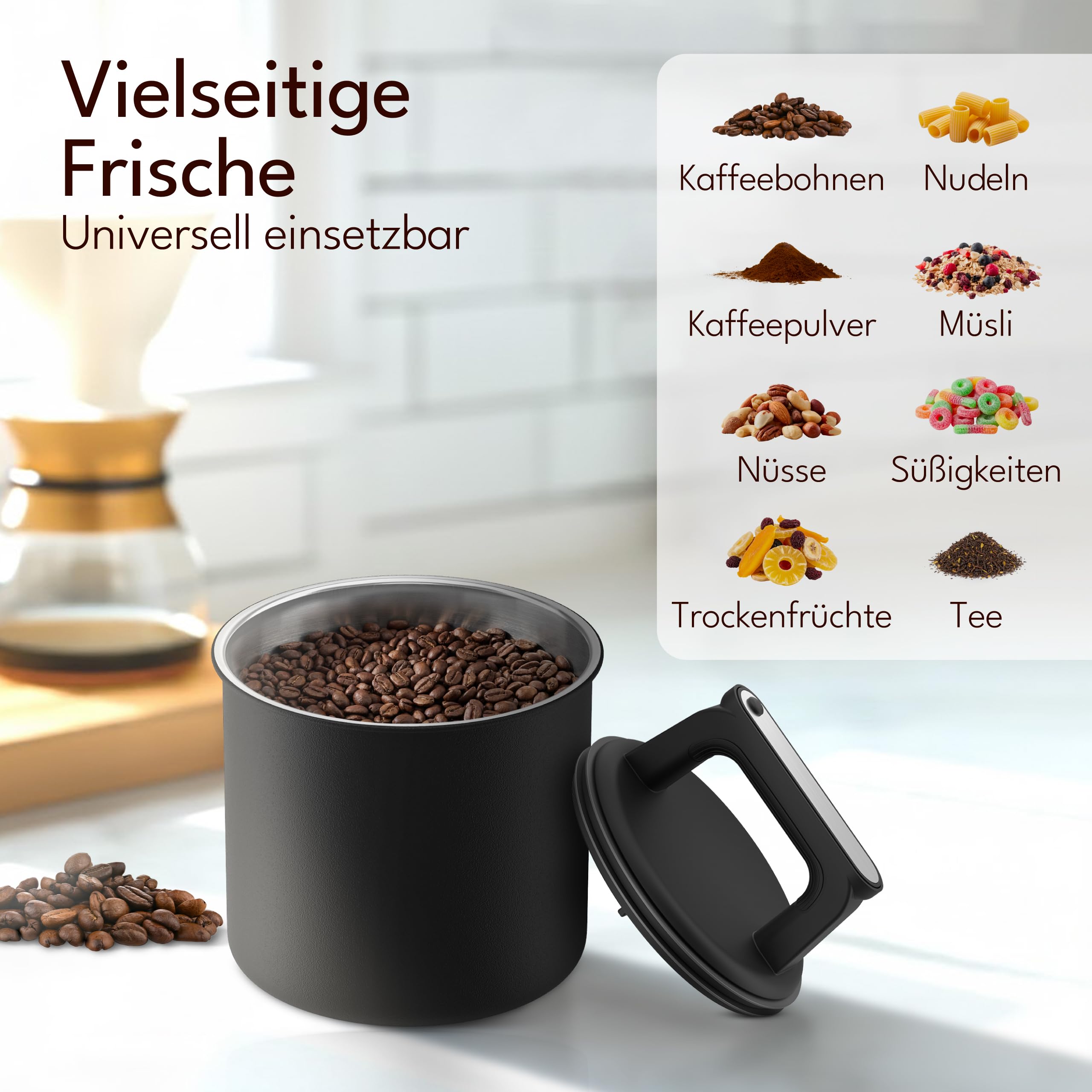 KC Kitchen & Co. Hermetyczny pojemnik na kawę, 250 g, słoik do przechowywania ze stali nierdzewnej z pokrywką próżniową i uszczelką zapachową, słoik do przechowywania kawy, herbaty, cukru, płatków