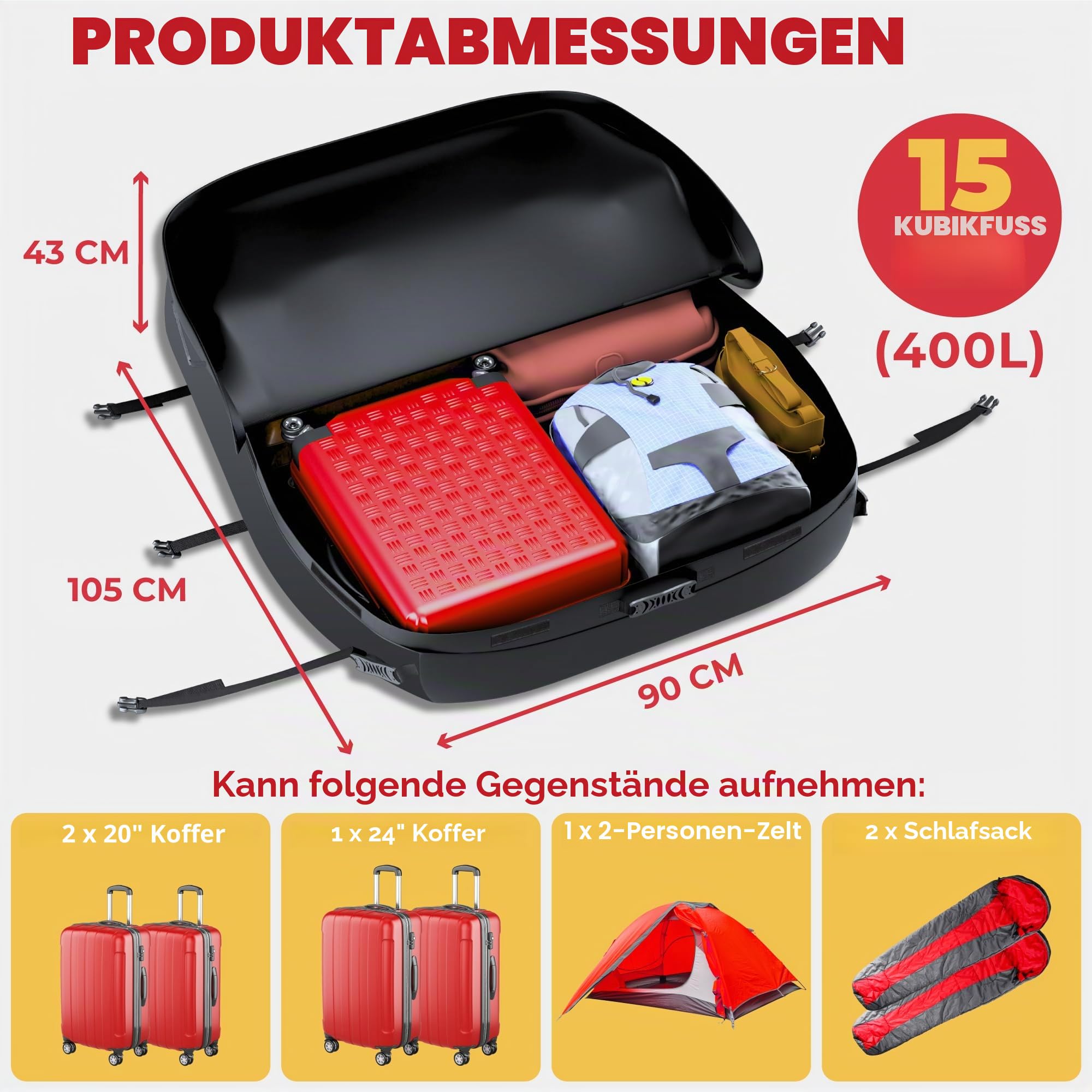 GADLANE Auto Dachtasche 400L Wasserdicht Dachbox für Autos & SUV mit oder ohne Dachträger mit 4 stabilen Gurten Anti-Rutsch-Matte Aufbewahrungstasche (Grau/Schwarz)