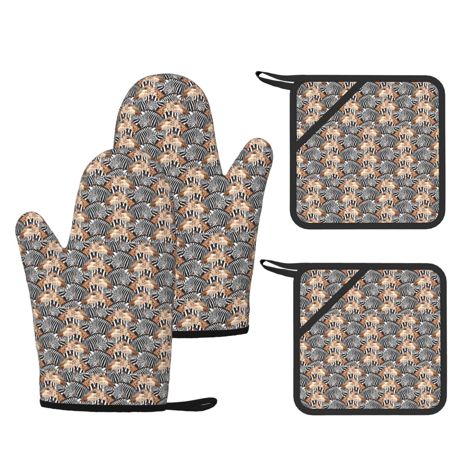 Zebra and Giraffe Printed Potholder and Oven Mitt Set of 4, High Heat Resistant Cooking Gloves for BBQ Grilling