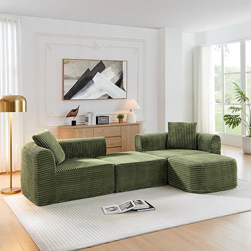 KEIKI 114" Sectional Sofa with L-Shape Chaise, Modular Couch Set with Movable Ottoman, Upholstered Sofa Couch for Living Room, Bedroom, No Assembly Required, Green