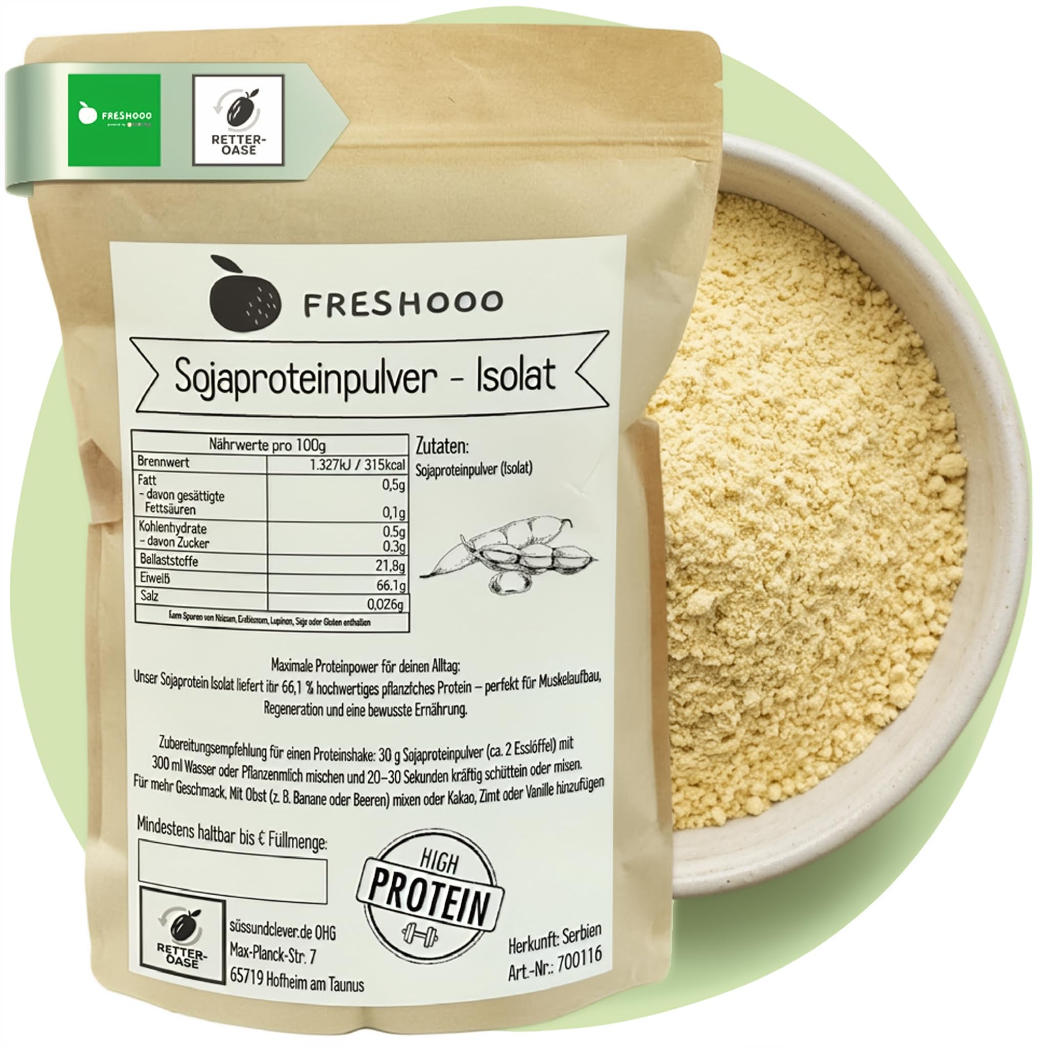 freshooo® Sojaprotein Isolat 66% Protein | 5,0 kg (5 x 1,0 kg) | Vegan & Neutral | aus Europa | Pflanzliches Proteinpulver | ökologisch-nachhaltig abgepackt