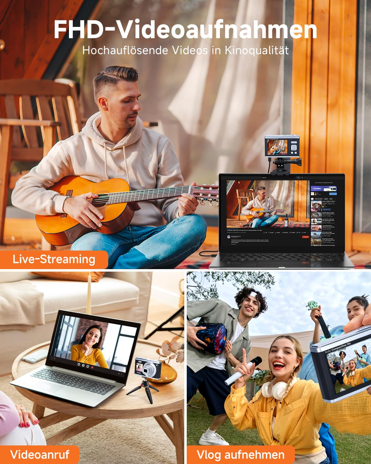 Rollei Compactline 10X Digitalkamera, 20MP FHD Kompaktkamera 10X Optischer Zoom & Selfie Display Tragbar Fotoapparat für Vlog unterwegs Reise Schwarz Silber, Digital-Kamera-Kompaktkamera-Fotoapparat