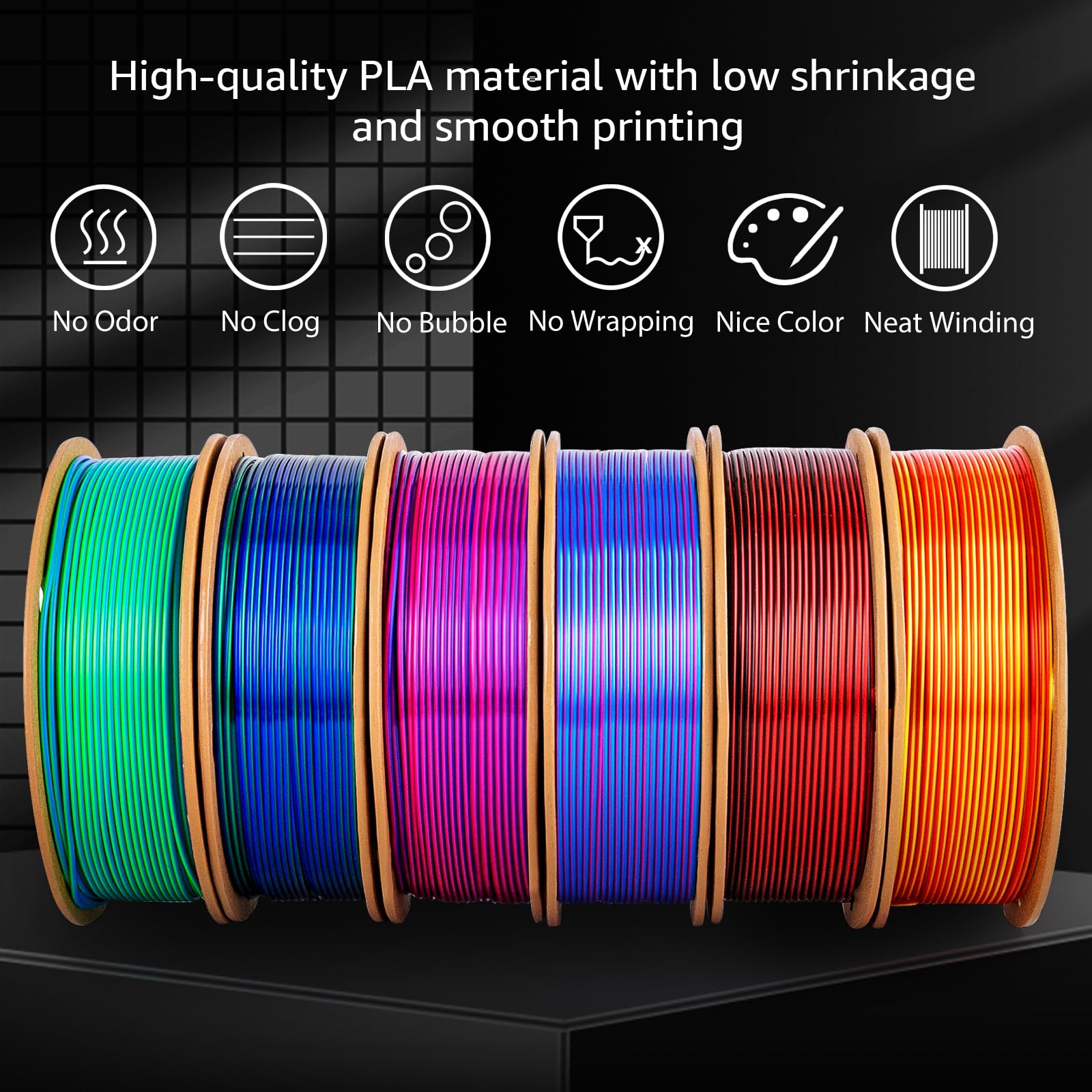 Filamento de impresión 3D PLA+ de seda de doble color, 6 paquetes – dikale 1.75 mm, paquete de 6 carretes de 250 g, dorado y rojo, negro y rojo, rojo rosa y azul cielo, rojo rosa y azul oscuro, azul