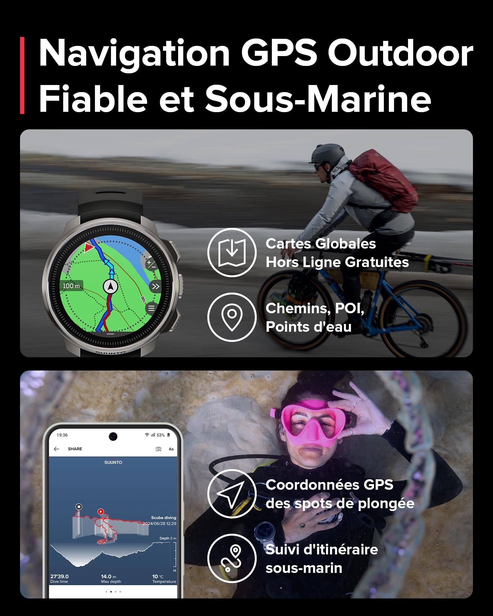 SUUNTO Ocean Ordinateur de Plongée Montre de Sport, Écran AMOLED, 10ATM/7 Bar, GPS GNSS Bi-Bande, 95+ Sports