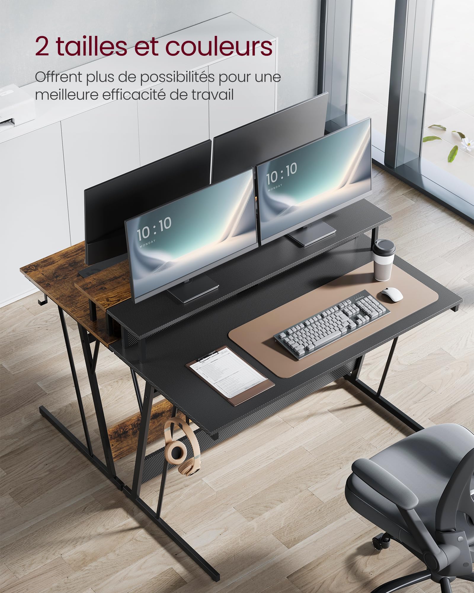 VASAGLE Bureau Gaming avec LED et Multiprise, Table Gamer, Bureau Informatique avec Rehausseur d’Écran, pour 2 Ordinateurs, pour Chambre, 60 x 120 x 76 cm, Noir Carbone LWD192B02