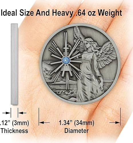 Miniatura 6 de Moneda de ángel guardián de peltre, medallón de regalo de afirmación con piedra preciosa de cristal aguamarina y oración de ángel en la parte