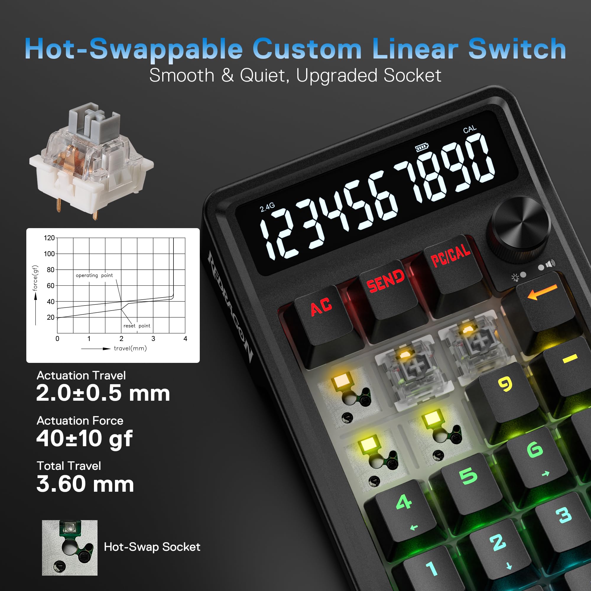 Redragon K733 PRO - Cuscinetto numerico RGB con guarnizione wireless, tastierino numerico meccanico a 22 tasti w/PC e modalità di calcolo, display calcolatrice a 10 cifre, controllo manopola