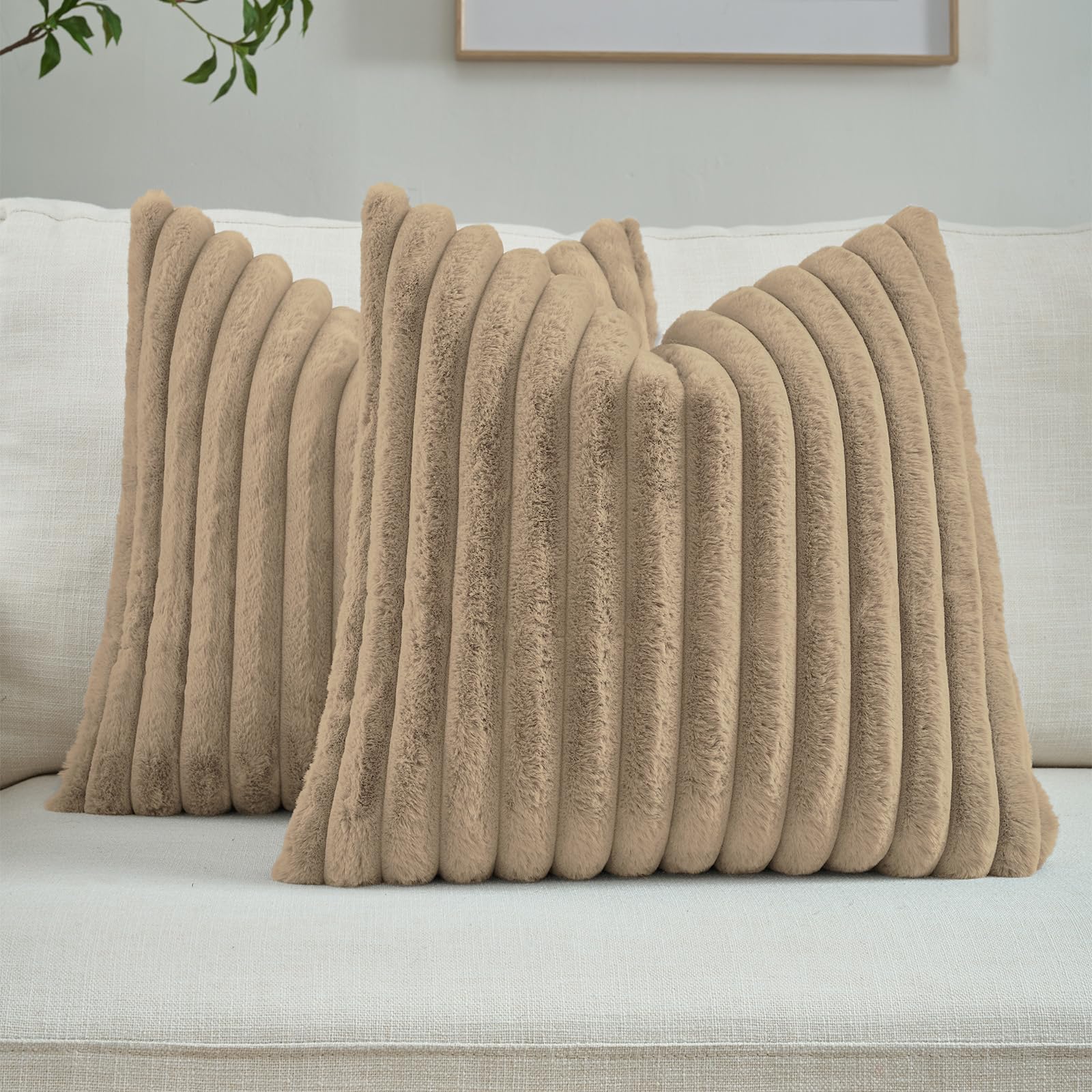 FUTEI Set of 2 Fluffy Faux Fur 60x60 cm Cushion Covers Soft Plush Striped Textured Scatter Pillow Covers 60 x 60 cm Modern Accent for Sofa Bedroom Living Room, Khaki