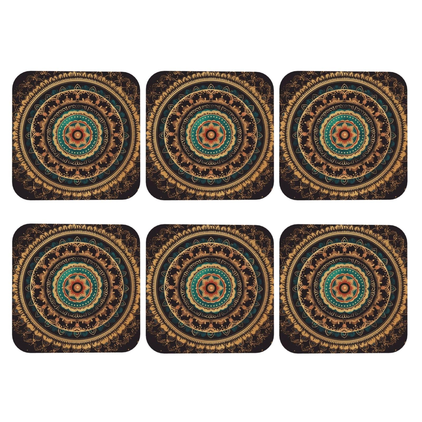 6pcs Leather Coasters for Drinks, Mandala Drink Coasters for Tabletop Protection, 4" Cup Coasters for Coffee Table Decor, Non-Slip Drinking Cup Mat for Hot Or Cold Drink