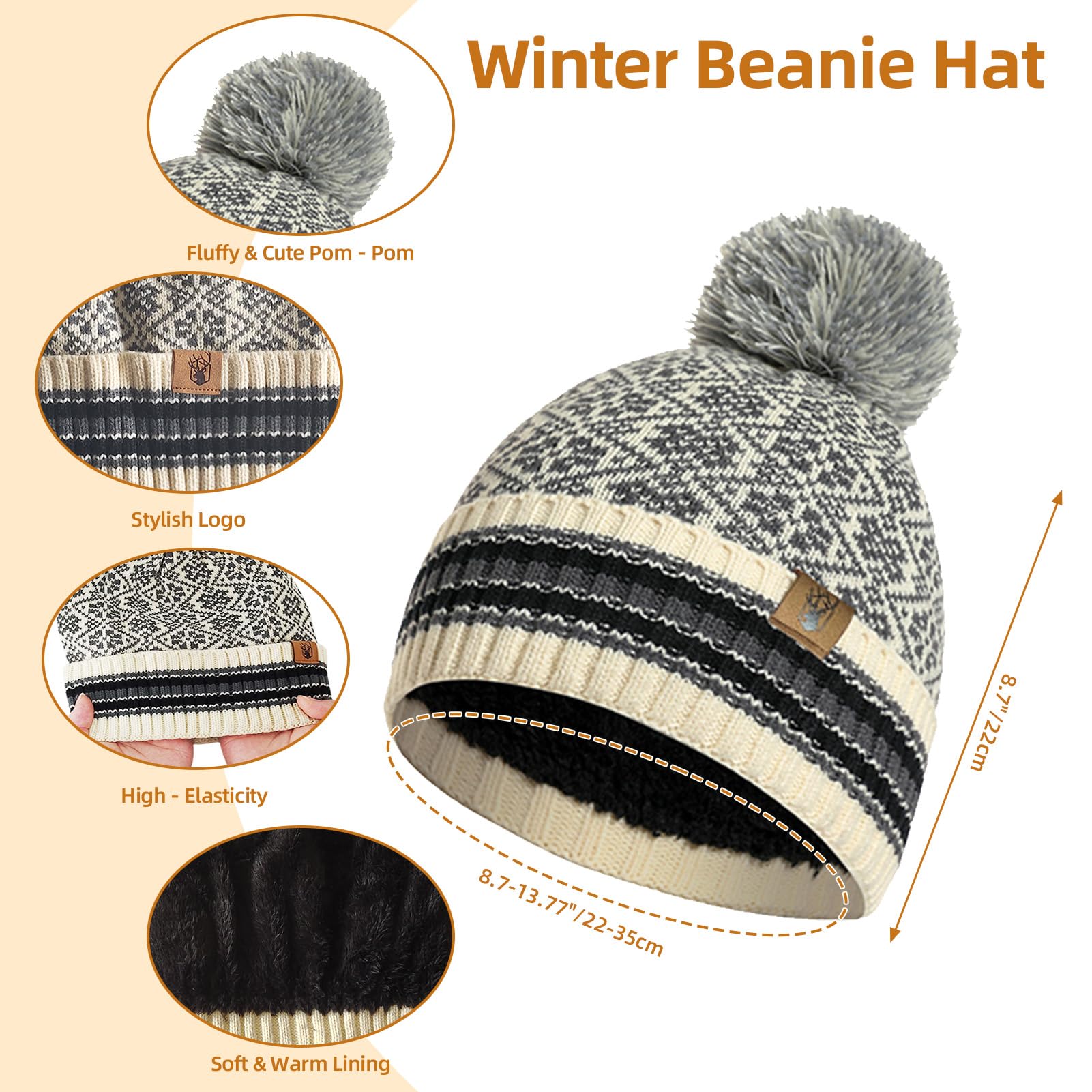 Mütze Schal Handschuh Set Winter Weich Warm Pelzgefütterte Bommelmütze Langer Schal und Touchscreen Handschuhe Set 3-teiliges Retro Schneeflockenmuster Gestrickte Damen Unisex