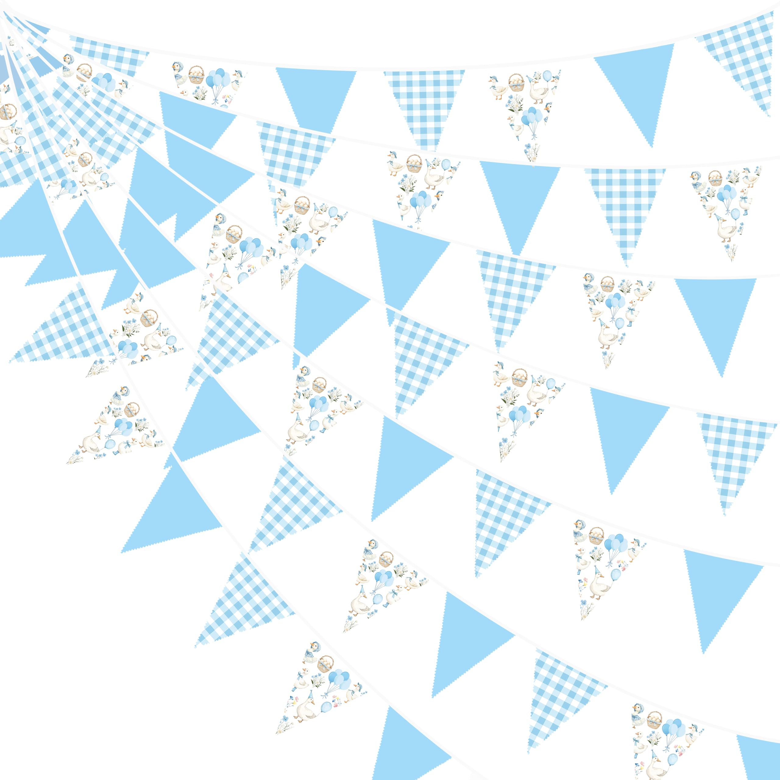 32Ft Goose Party Decorations Blue Gingham Plaid Silly Goose Themed Fabric Banner Triangle Pennant Flag Garland Streamers for Farm Animals Birthday Duck Garden Party Decor Supplies
