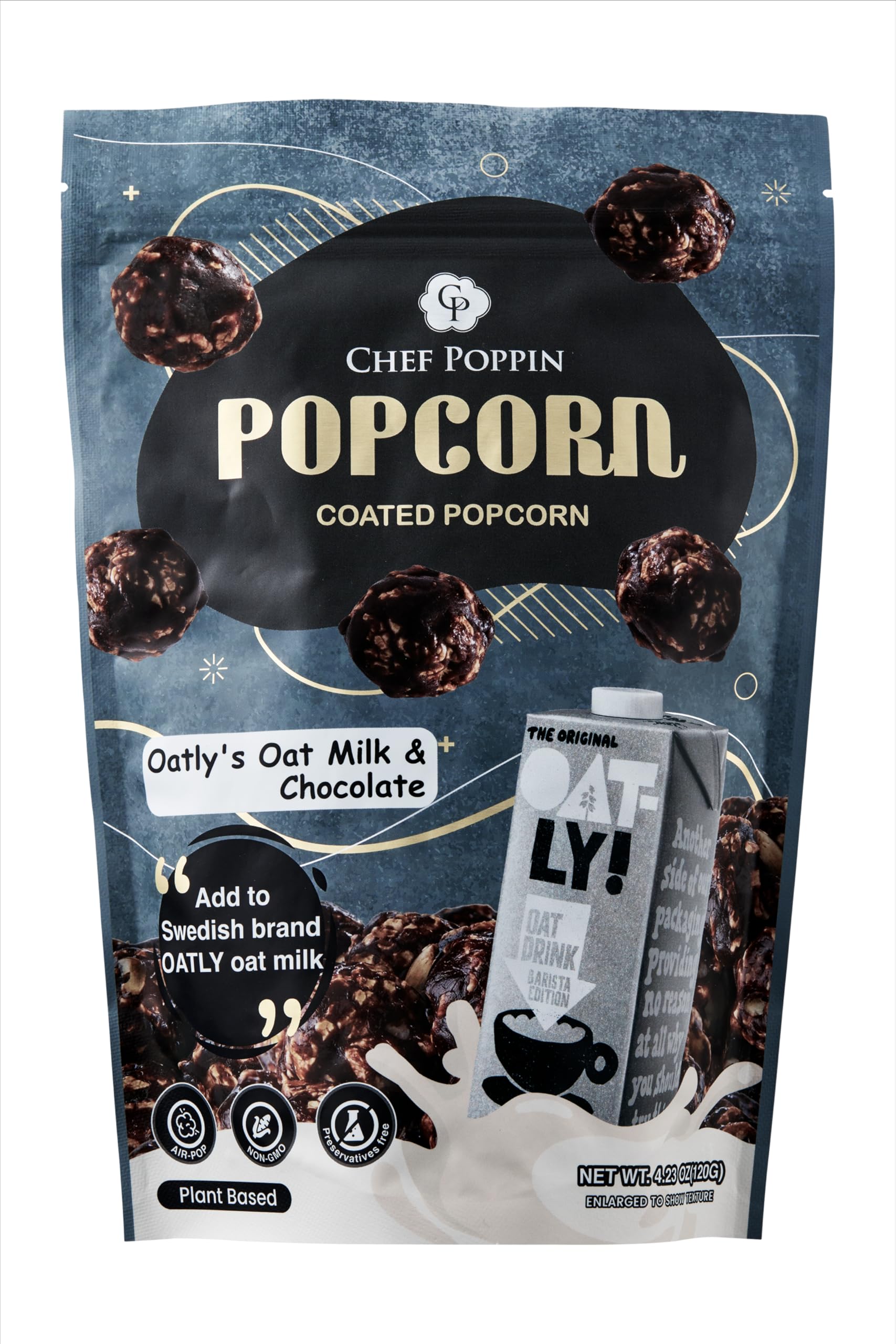 Chef PoppinAsian-Style Gourmet Flavored Popcorn, Non-GMO Corn, All Natural, Oatly's Oatmilk & Chocolate 120g, 4.23 oz