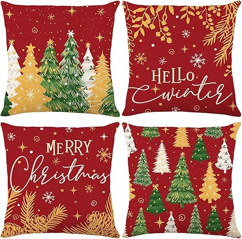 Vista 102 de ONFAON Juego de 4 fundas de almohada rojas con árboles de Navidad, 18 x 18 pulgadas, decoración de Navidad y vacaciones de invierno para sofá