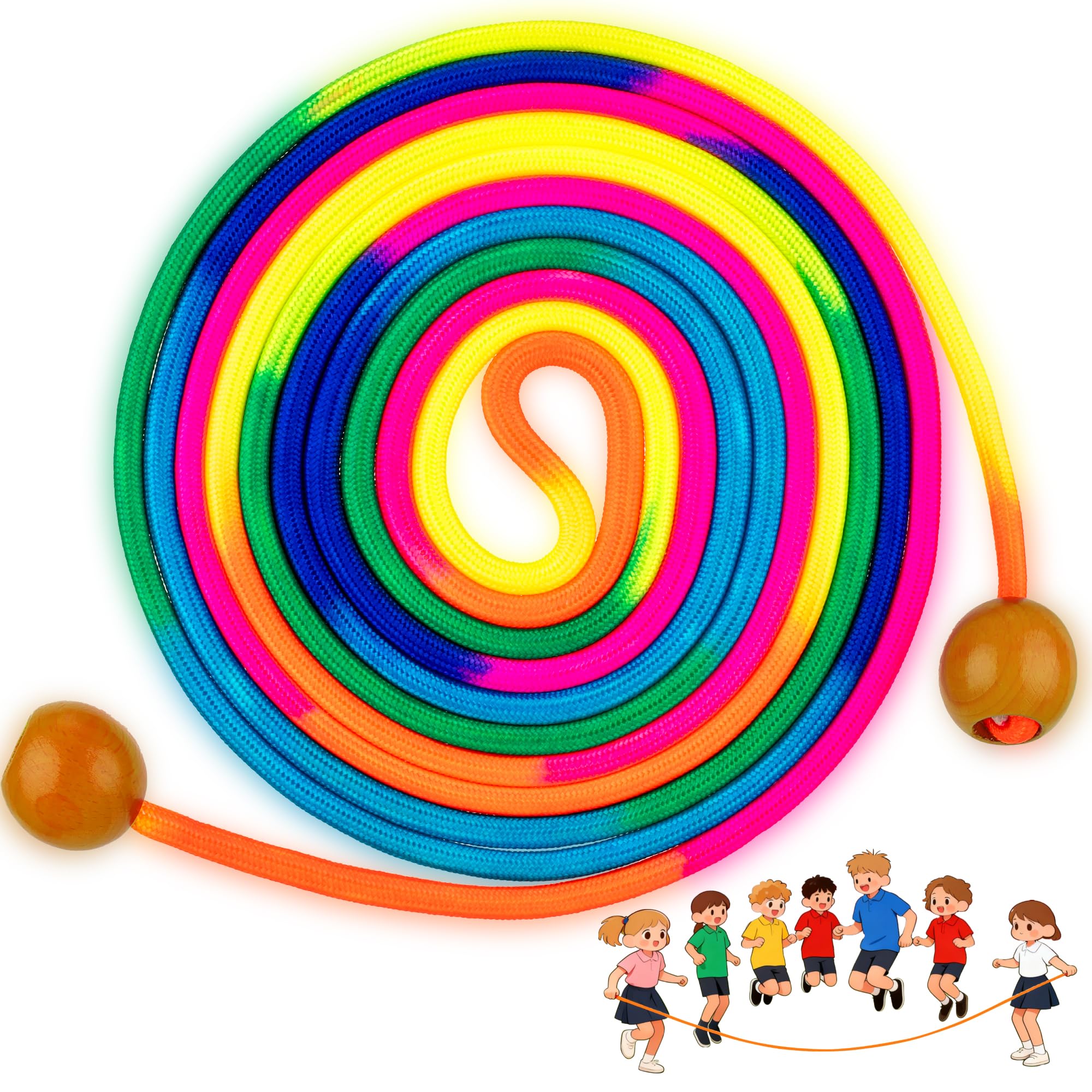 Cuerda de Saltar Niños 5m – Cuerda Larga Multijugador, Cuerda Arcoíris con Mangos de Madera, Skipping Rope para Niñas & Niños de 6 8 10 Años, Juegos de Grupo Escuela Familia