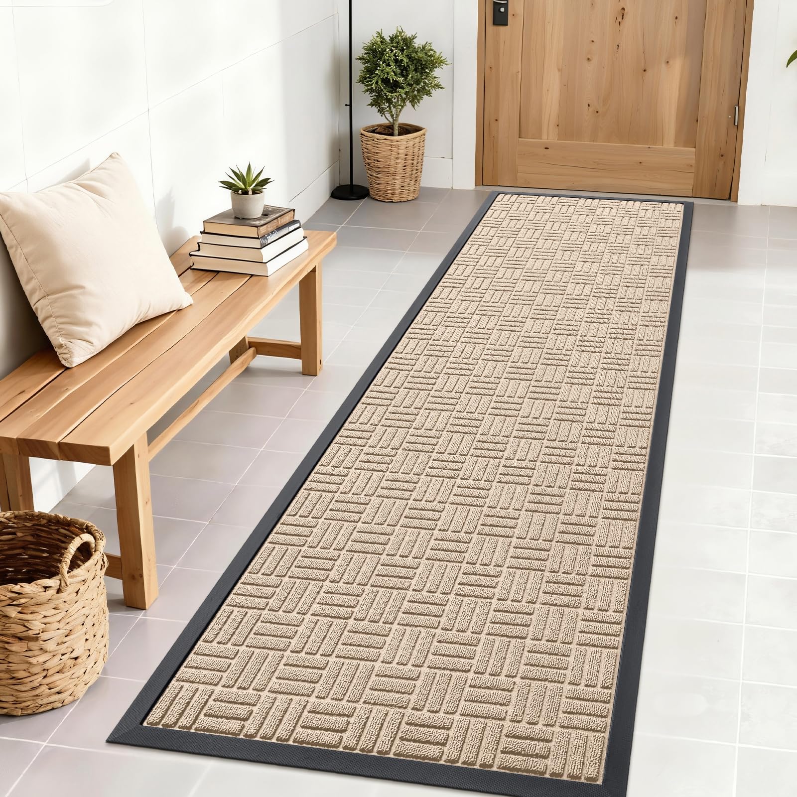 OLANLY Front Door Mat Outside Entrance 71x23, Heavy-Duty Rubber Doormat | Latte White, Stain and Fade Resistant, Non-Slip Backing, Low-Profile Indoor Outdoor Floor Mat for Entryway, Easy to Clean