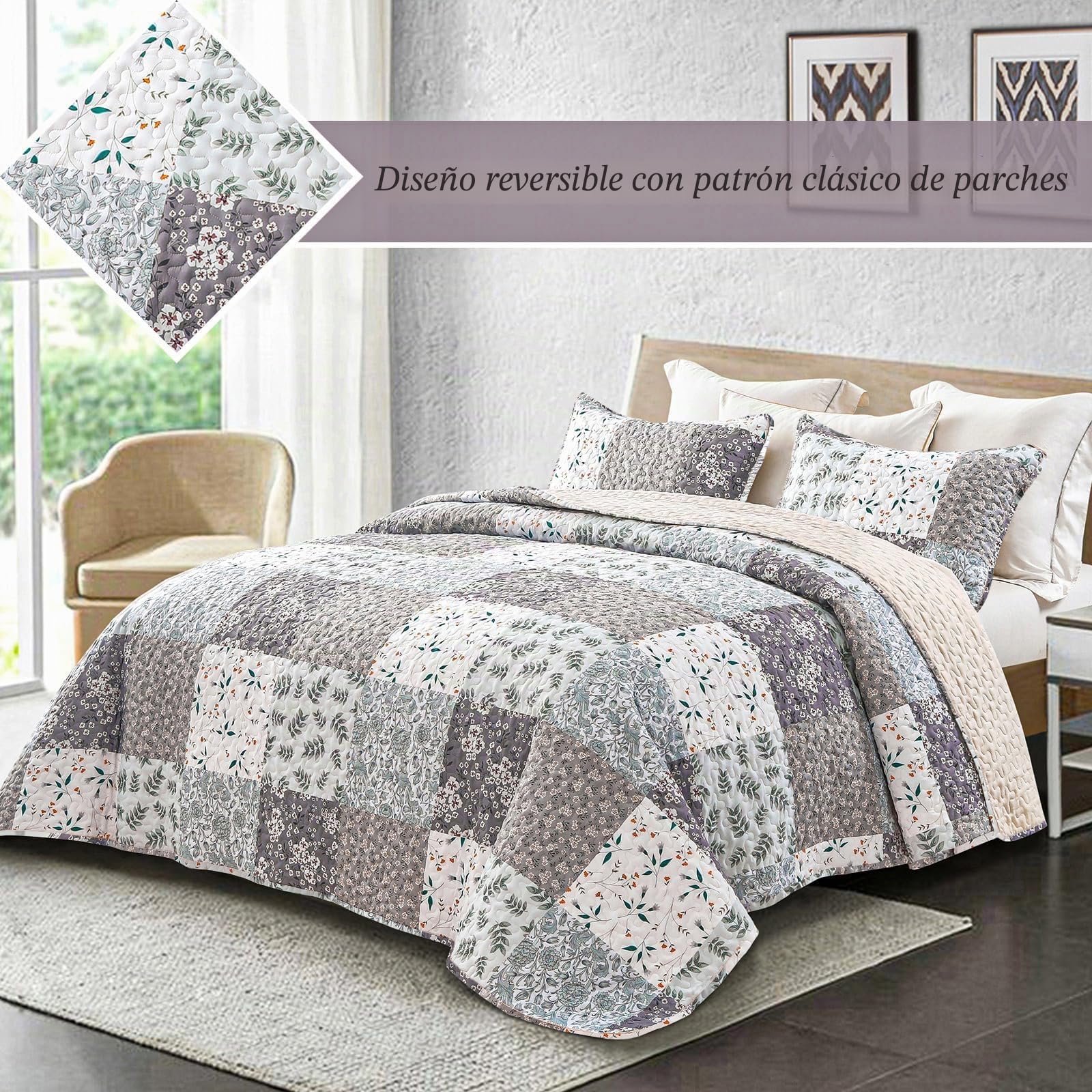 Whale Flotilla Colcha para Cama 240 x 260 cm, con Estampado Impreso, Colcha Reversible y Ligera, con 2 Fundas de Almohada para Las 4 Estaciones, Gris