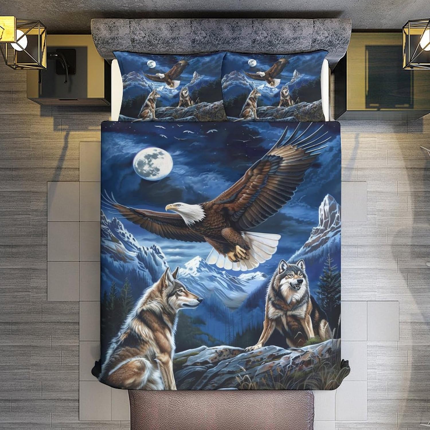 Bald Eagle Wolf 3 Pieces Duvet Cover Comforter Set with 2 Pillowcase Twin Size Bed Sheet Quilt Bedroom Bedding for Lover Kids
