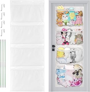 Stuffed Animal Storage, Over Door Stuff Animals Organizer with 4 Large Pockets for Kids Plush Stuffies, Hanging Toy Plush Storage for Nursery, Bedroom, Easy Installation (White)