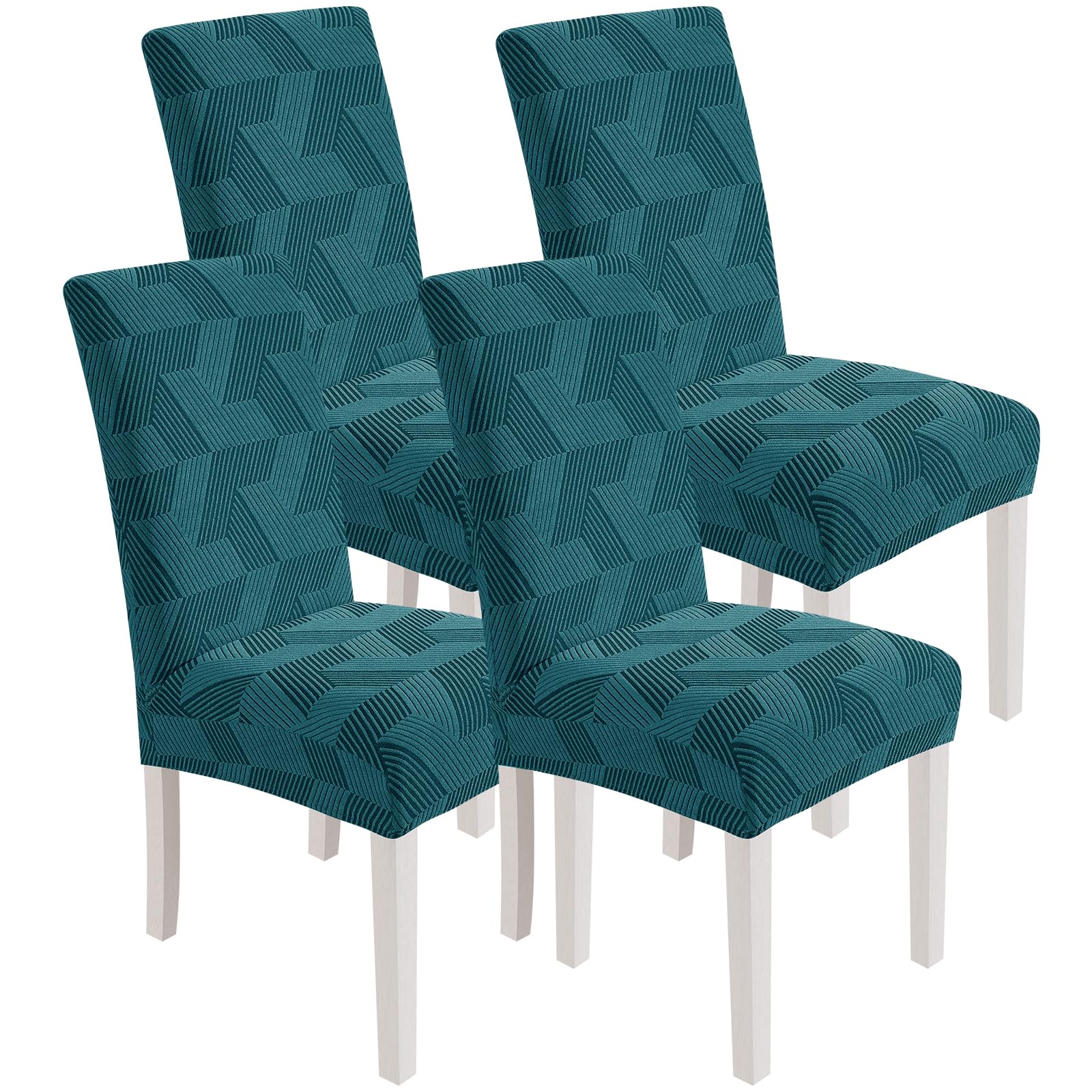 XINEAGE 4 Packs Dining Chair Slipcovers, Geometrical Jacquard Parson Dining Chair Covers, Washable Chair Protectors for Dining Room, Kitchen, Restaurant, Hotel, Peacock Blue